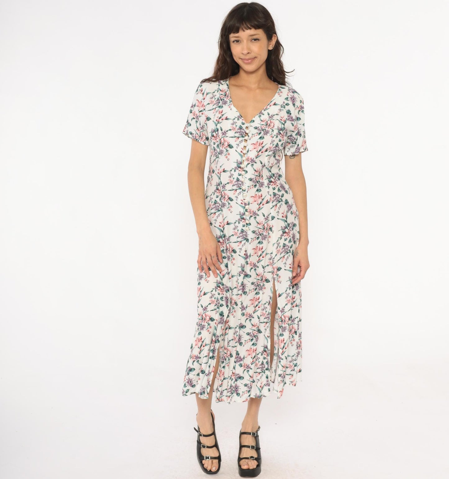 90s Floral Midi Dress Cream Rayon V-Neck Short Sleeve Front Slit Small