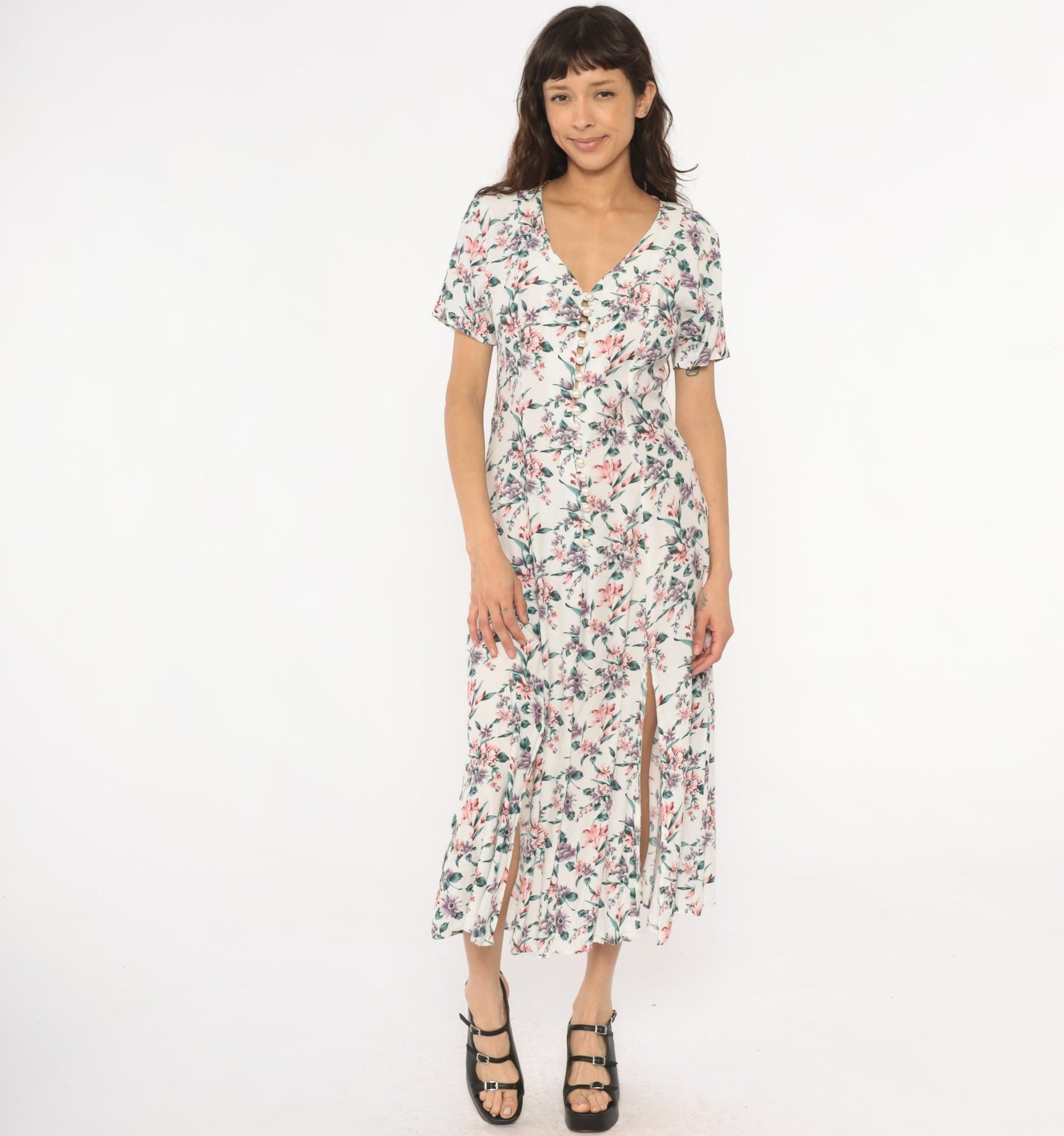 90s Floral Midi Dress Cream Rayon V-Neck Short Sleeve Front Slit Small