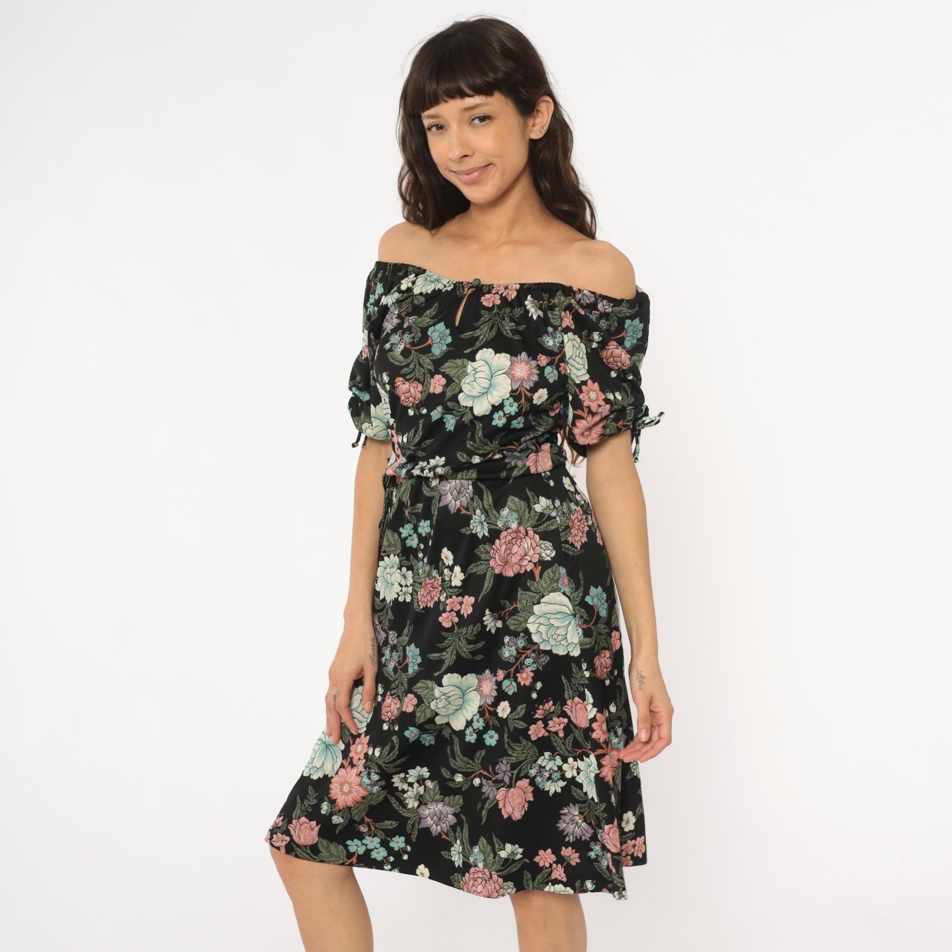 70s Black Floral Midi Dress Mint Pink Coral Tie Sleeve Small