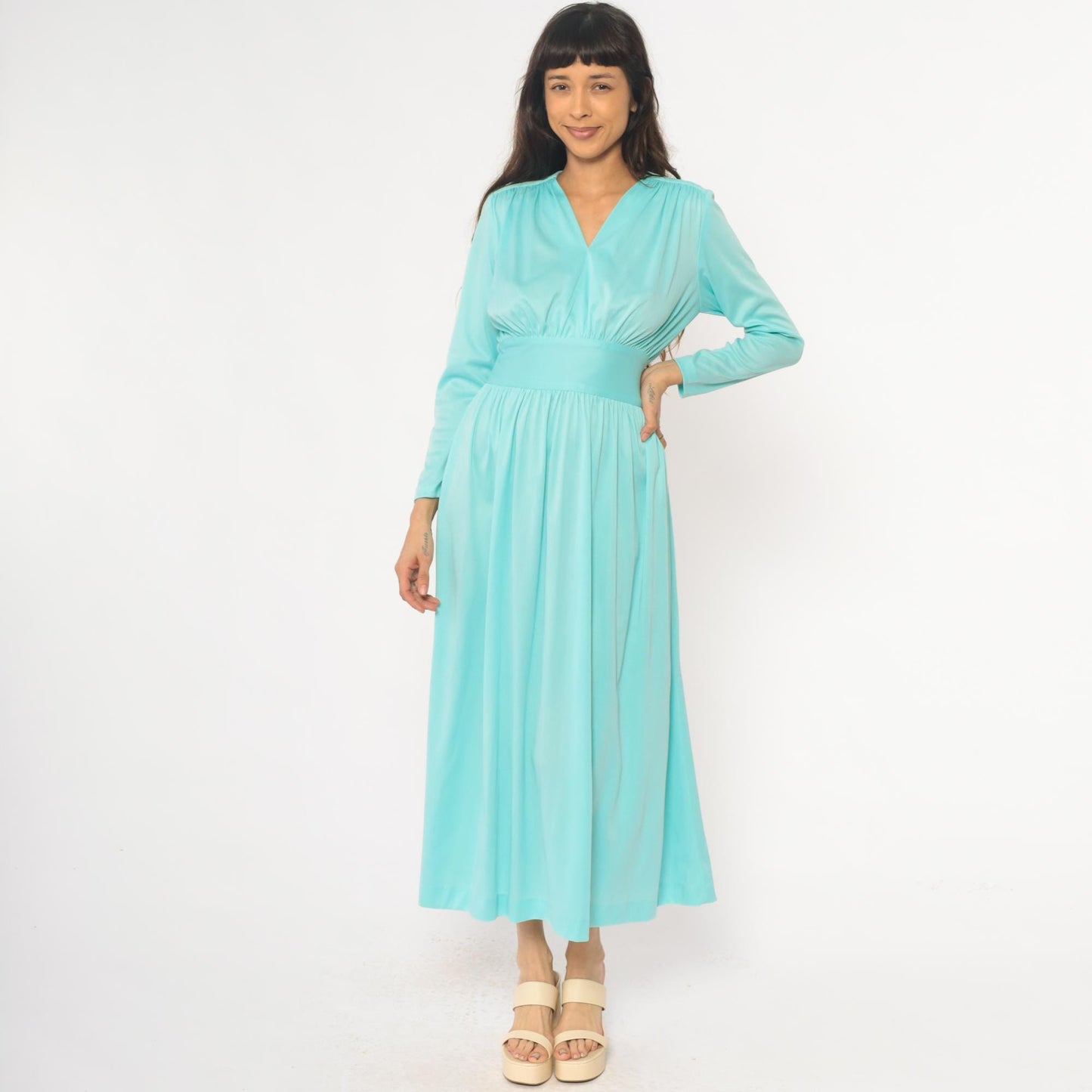 70s Enrico Serrati Aqua Maxi Dress V-Neck Tie Waist Long Sleeve Medium