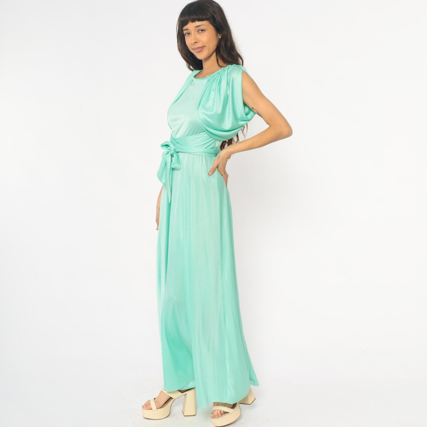 70s Mint Green Maxi Dress Ruched Neckline Tie Belt Sleeveless Small