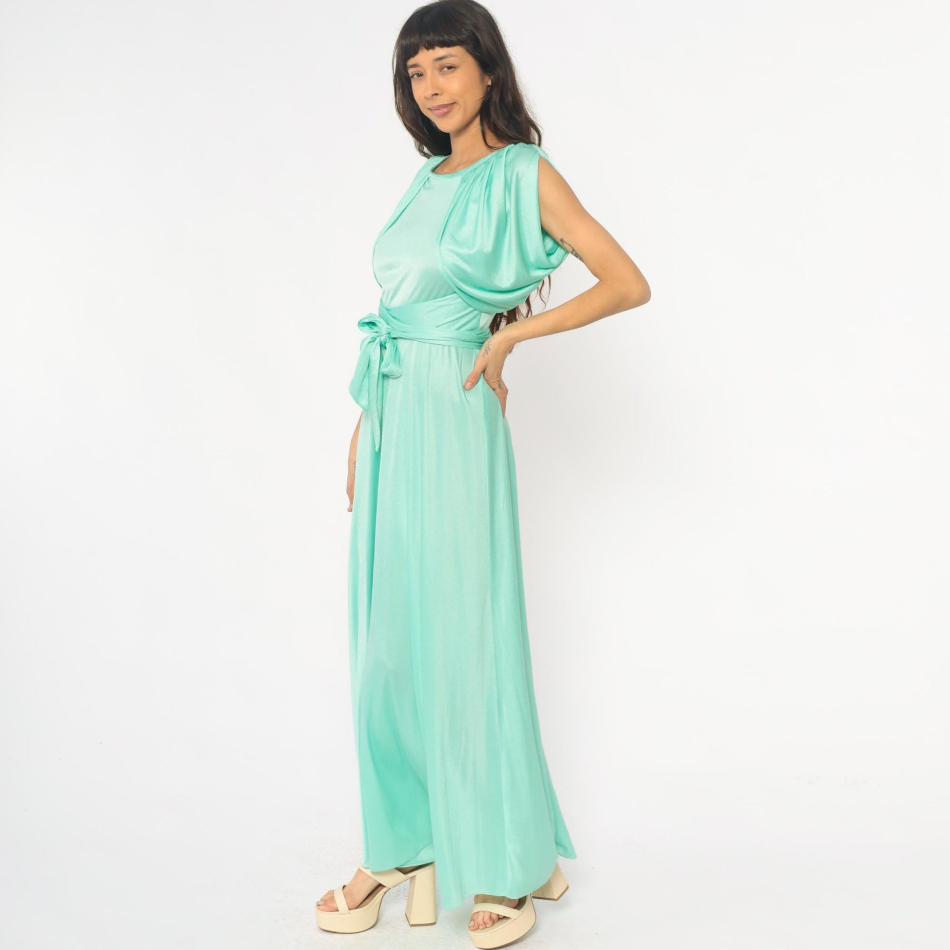 70s Mint Green Maxi Dress Ruched Neckline Tie Belt Sleeveless Small
