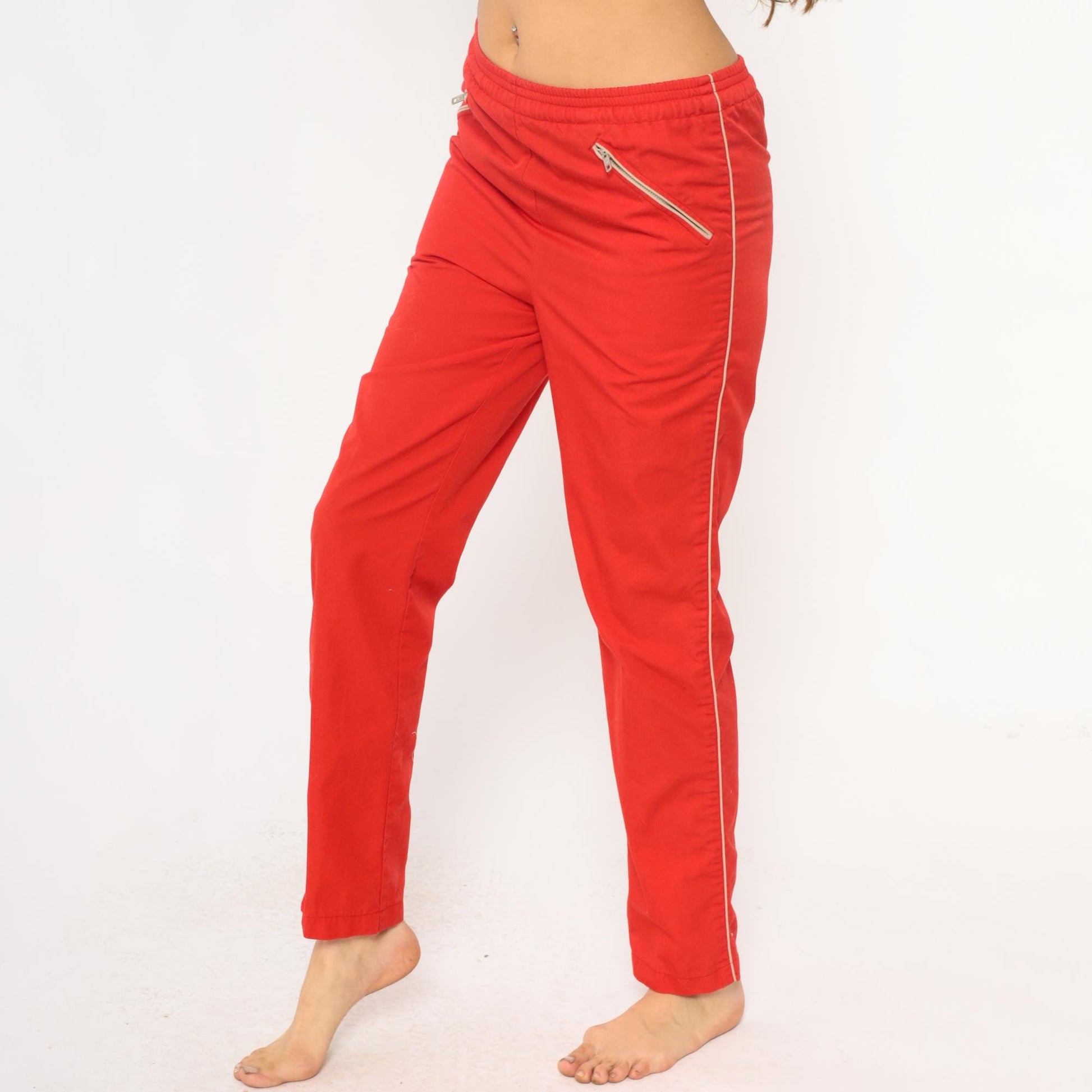 80s C'est Joli Track Pants Coral Red White Stripe Zipper Pockets Small