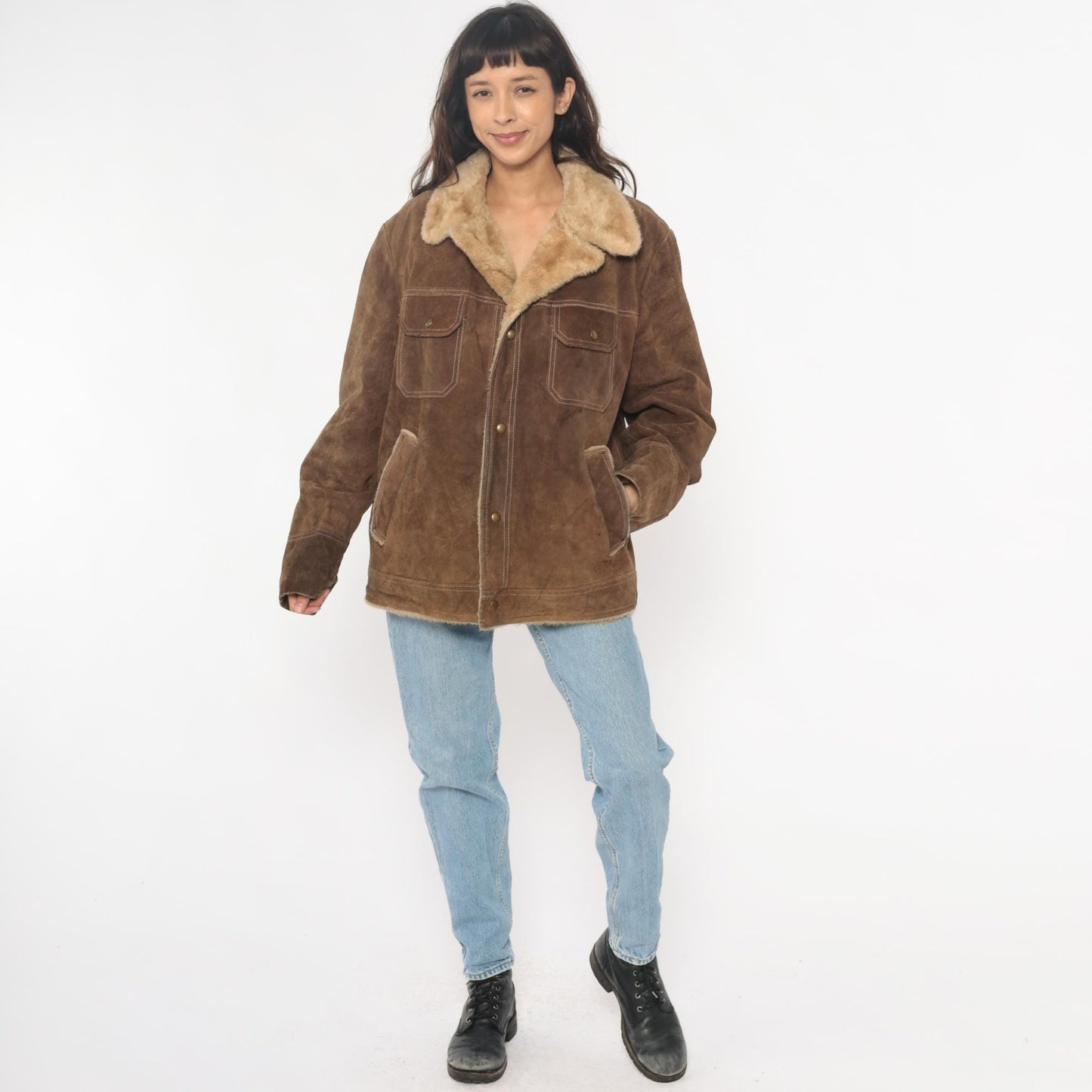 70s JC Penney Brown Suede Sherpa Jacket Western Rancher Coat Extra Large XL