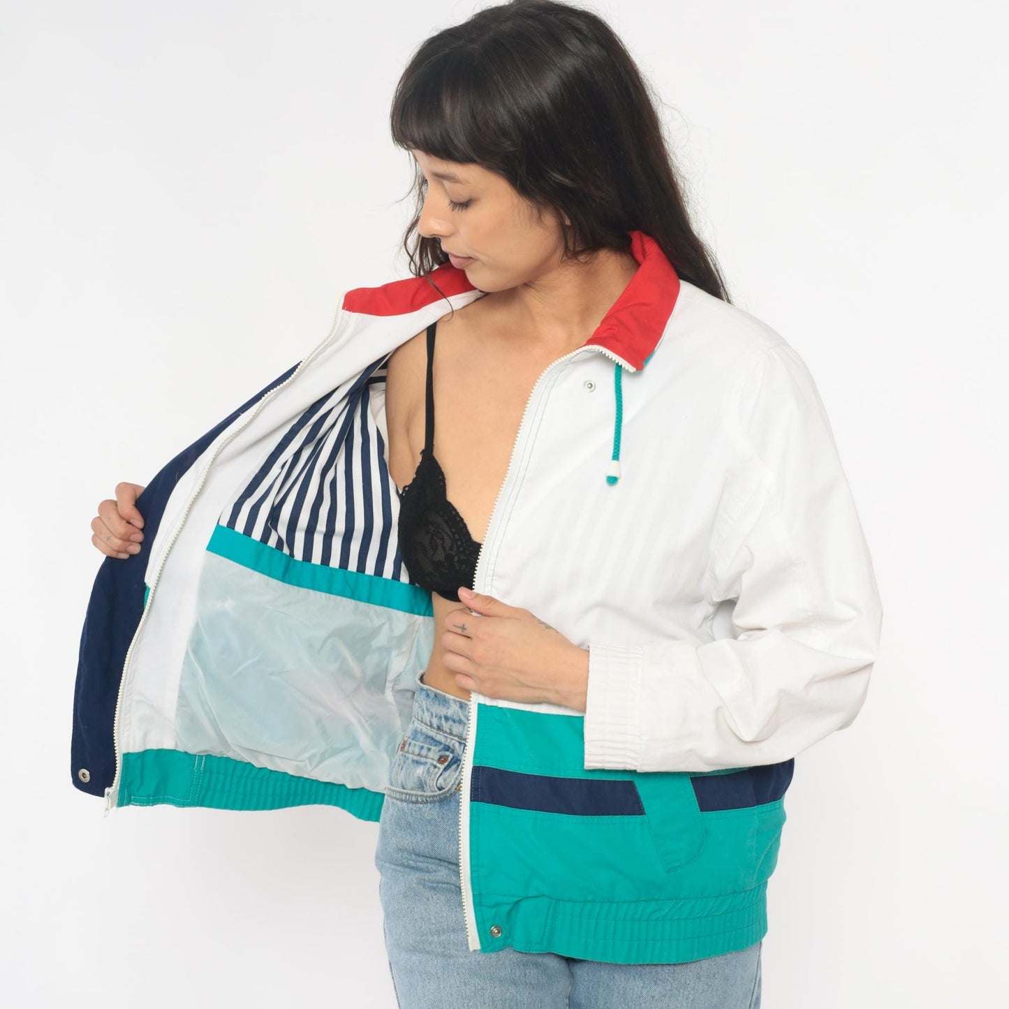 90s Izzi Spirit Colorblock Windbreaker White Teal Navy Small
