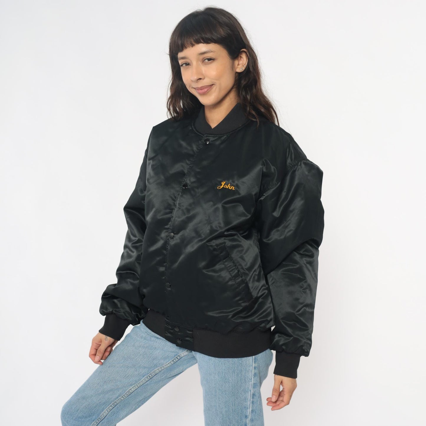 90s Black Satin Bomber Jacket Embroidered Champion Hunt Club Deer Large