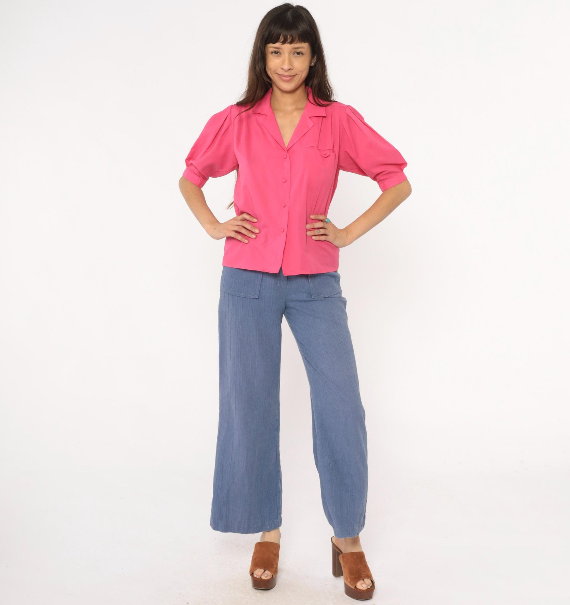 80s Hot Pink Josephine Blouse Puff Sleeve Button Front Power Dressing Medium