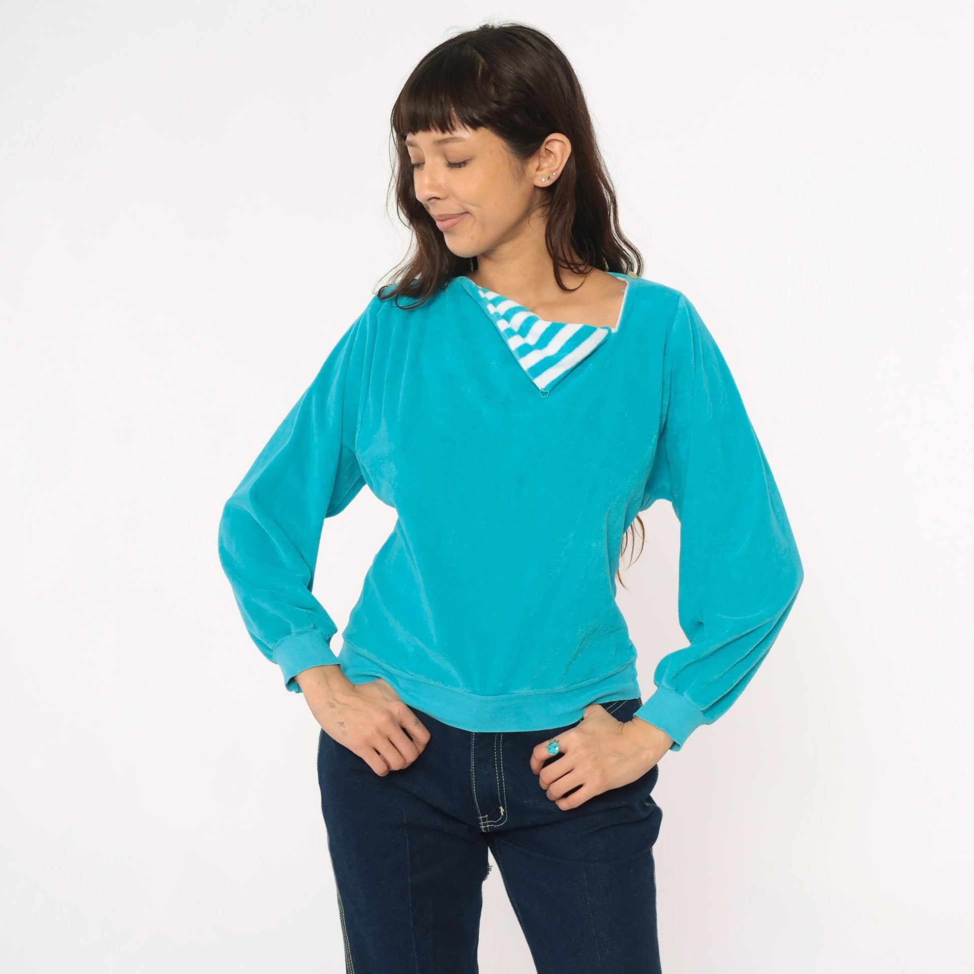 80s Terrycloth Sweatshirt Teal Asymmetrical Neck Striped Collar Pullover Small