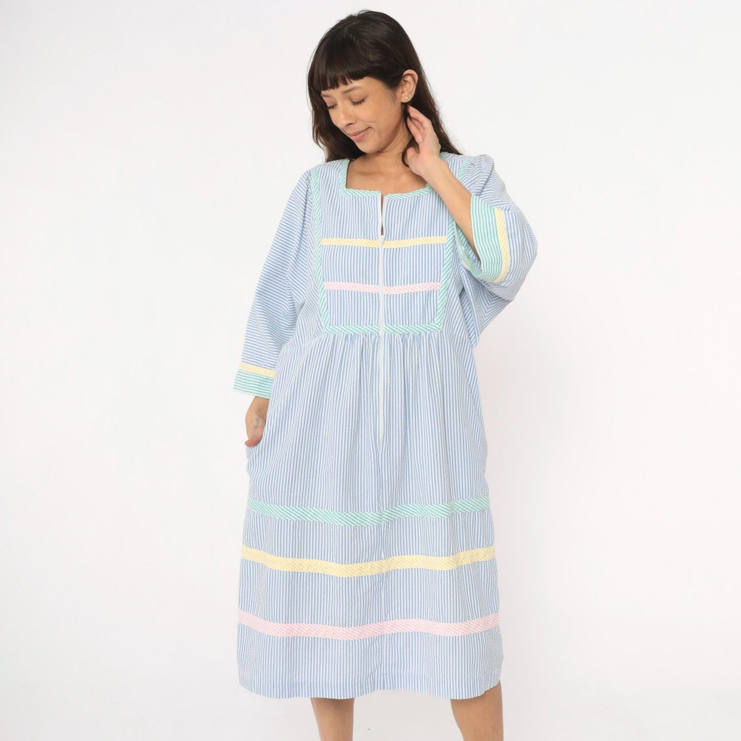 80s Saybury Seersucker Striped Dress Blue White Rickrack Trim Large