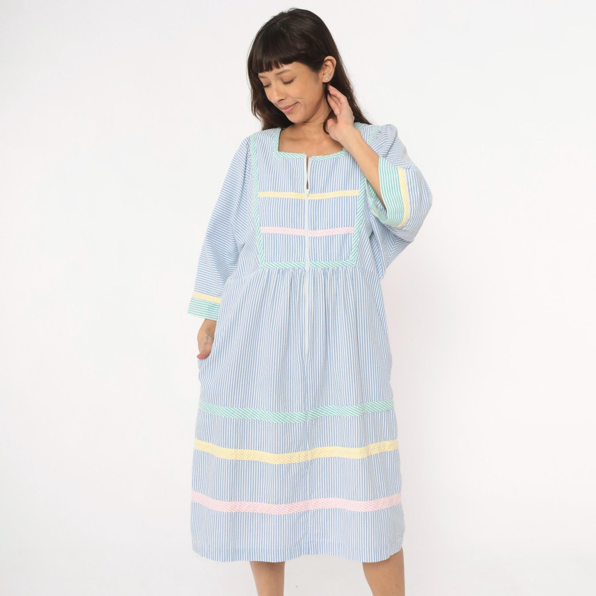 80s Saybury Seersucker Striped Dress Blue White Rickrack Trim Large