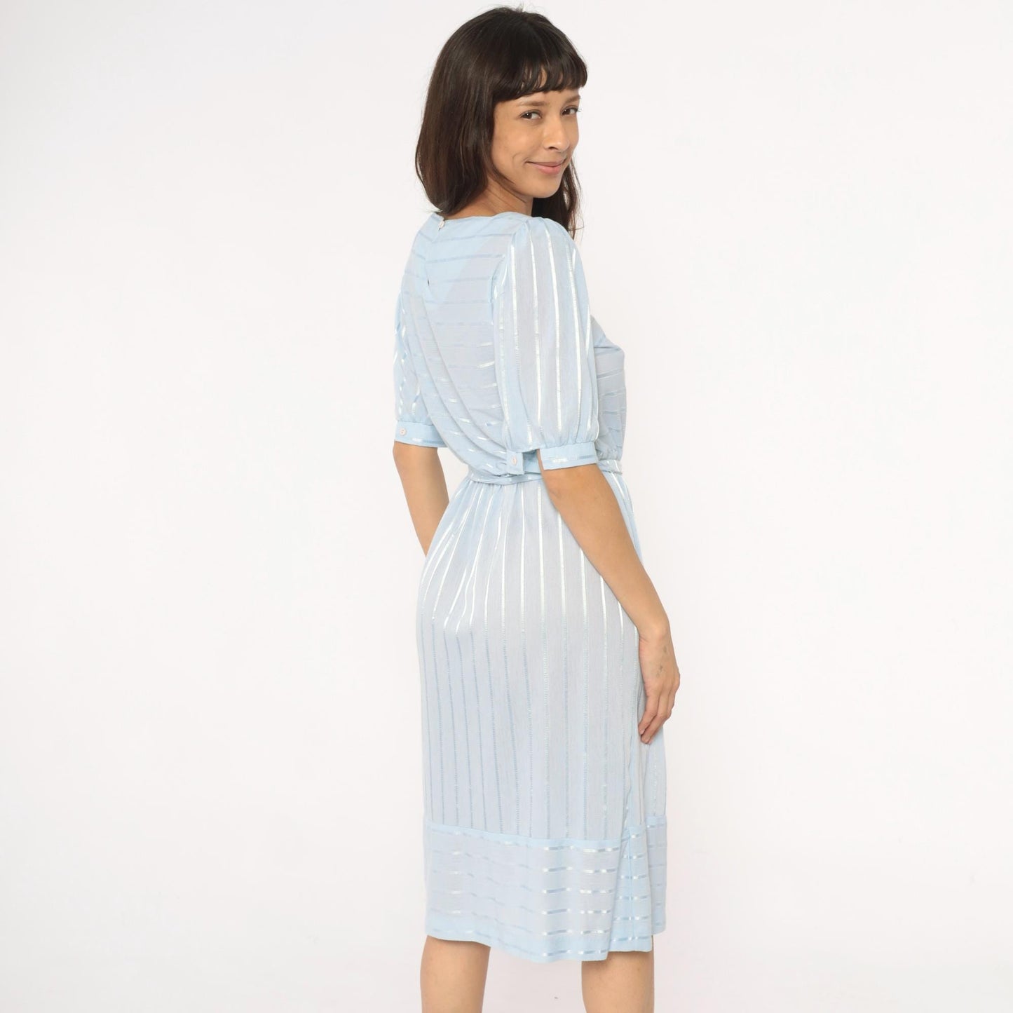 80s Baby Blue Striped Midi Dress Puff Sleeve Boat Neck Cotton Medium
