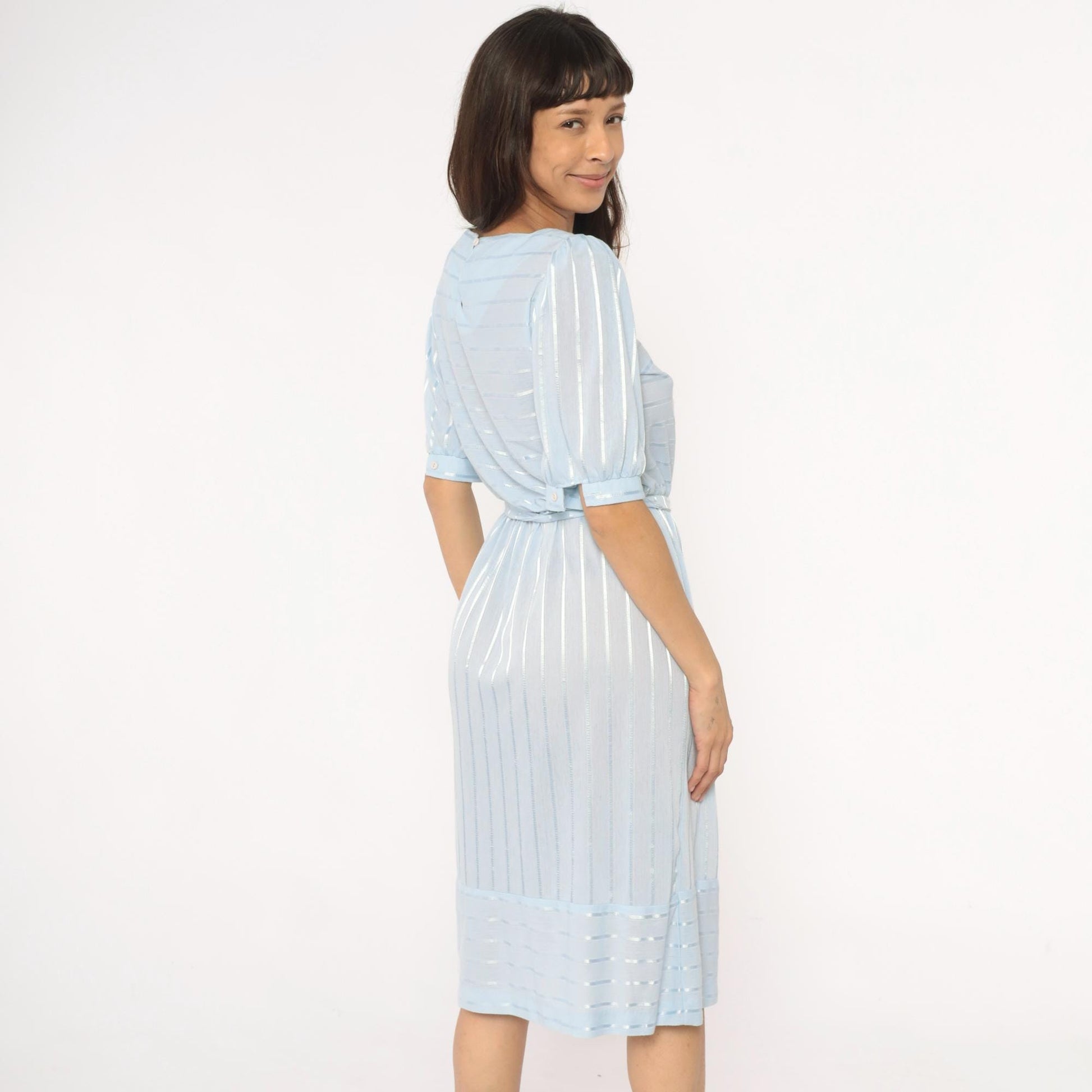 80s Baby Blue Striped Midi Dress Puff Sleeve Boat Neck Cotton Medium