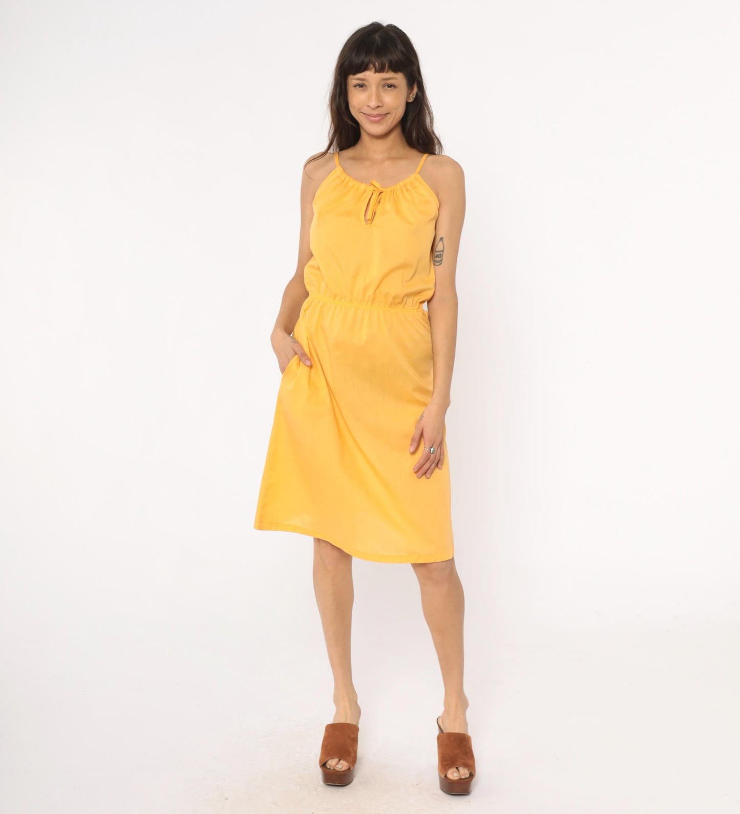 70s Yellow Spaghetti Strap Sundress Tie Neck Knee-Length Small Medium