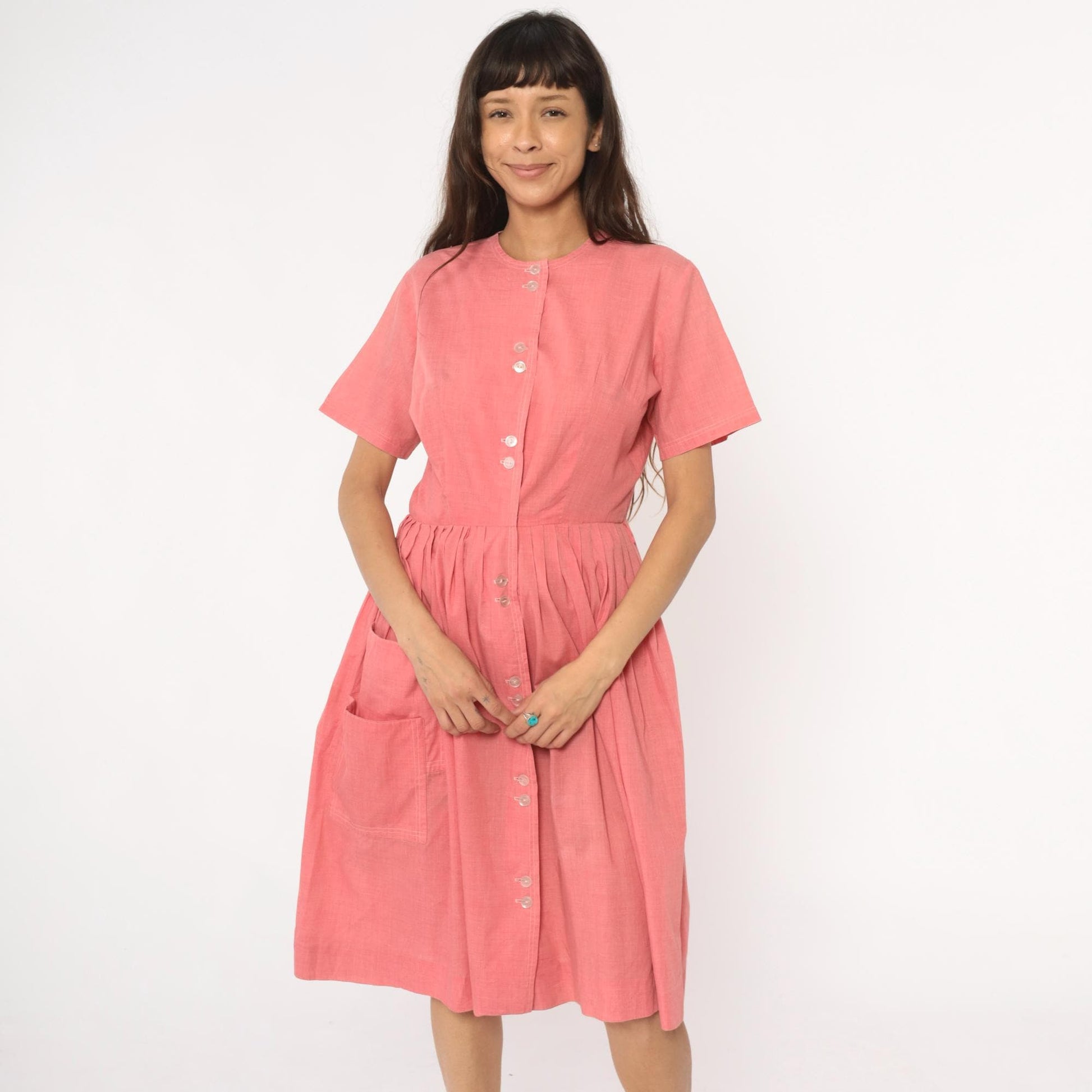 70s Coral Pink Cotton Day Dress Button Front Gathered Skirt Pockets Medium Large