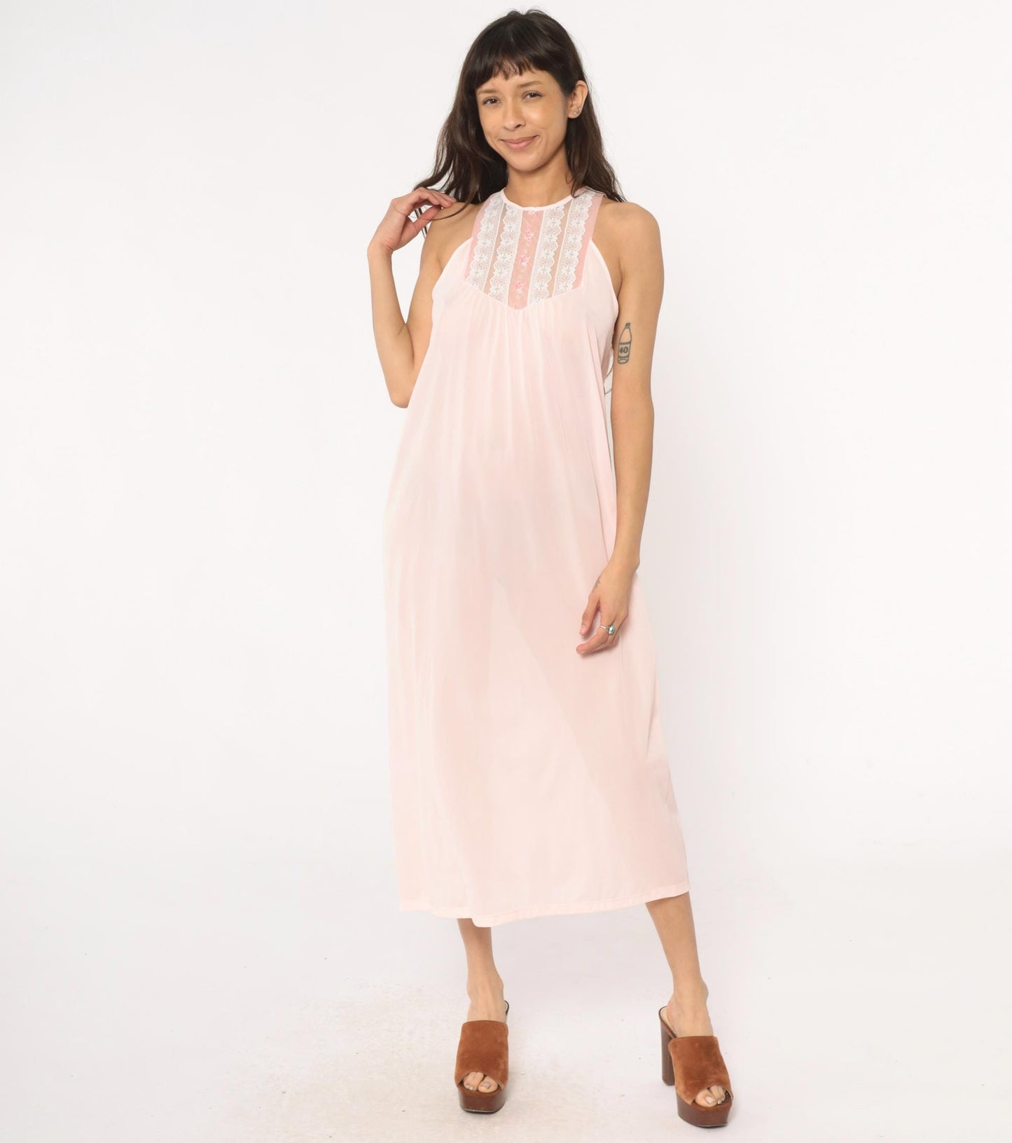 80s Pink Halter Maxi Nightgown Lace Floral Embroidered Empire Waist Medium
