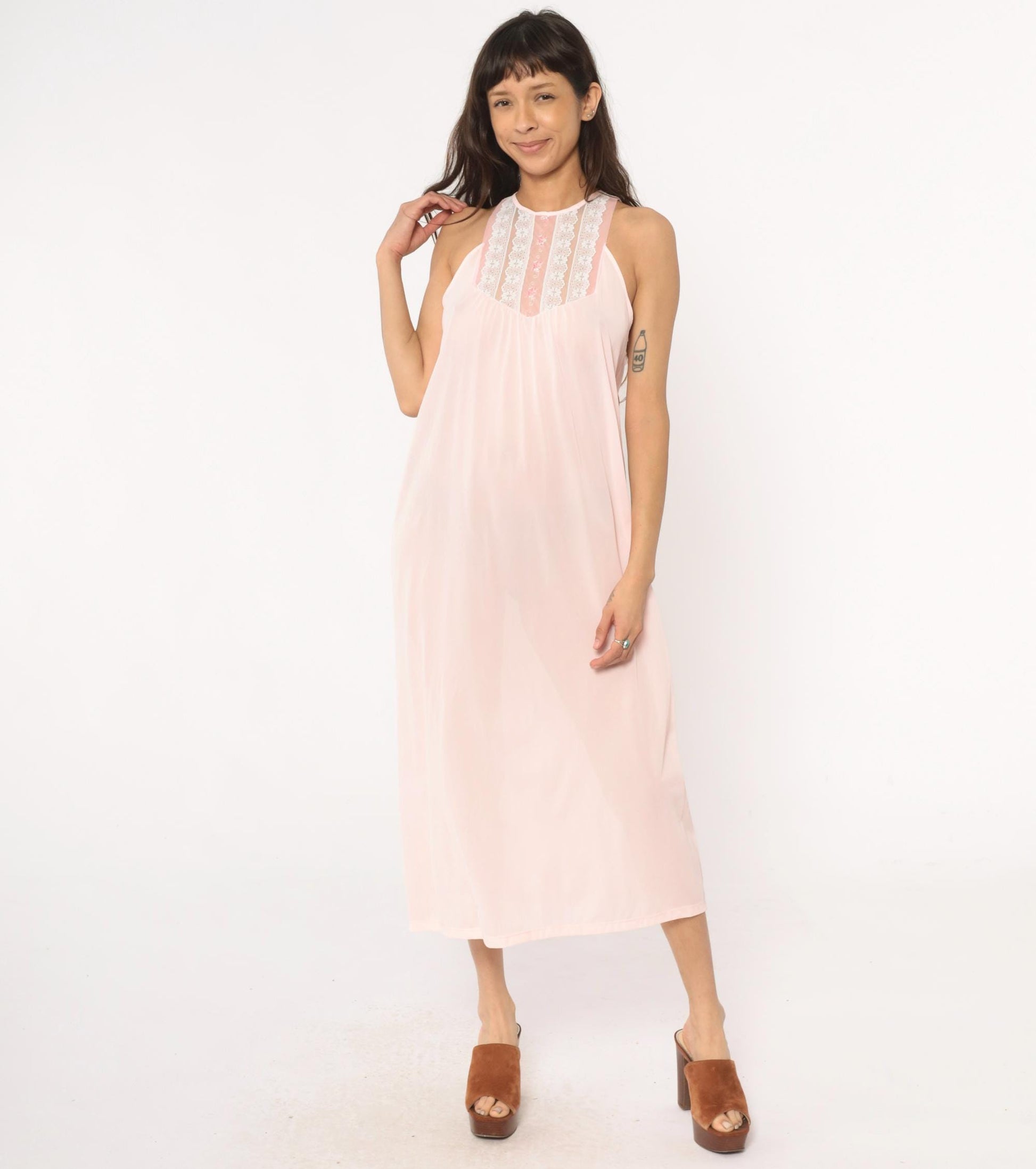 80s Pink Halter Maxi Nightgown Lace Floral Embroidered Empire Waist Medium
