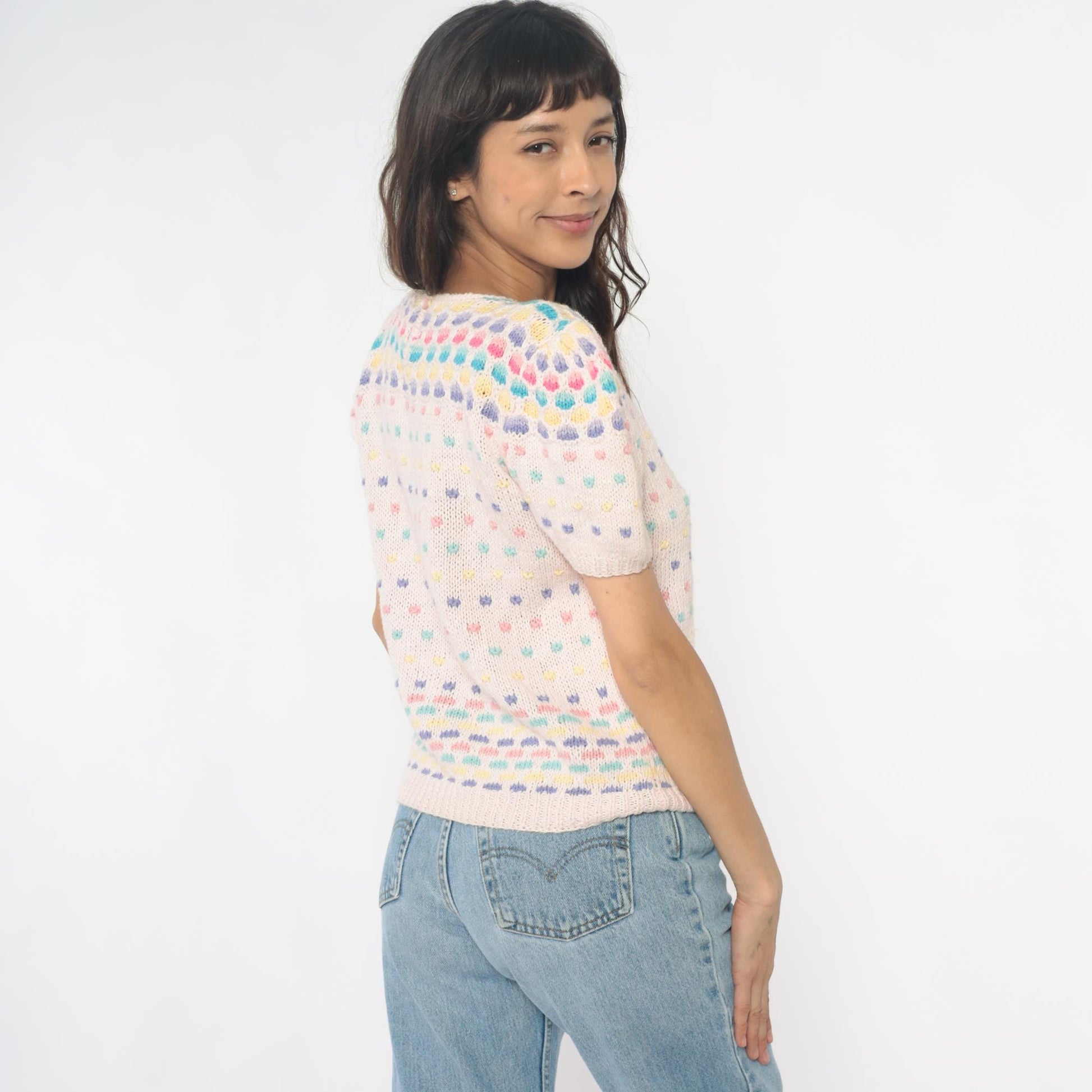 80s Deans of Scotland Puff Sleeve Knit Top Cream Polka Dot Small
