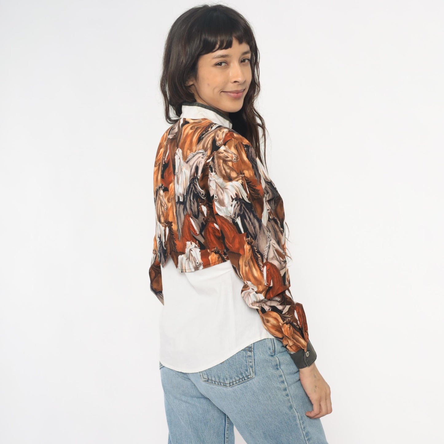 90s Roughrider Western Horse Print Button-Up Blouse White Small