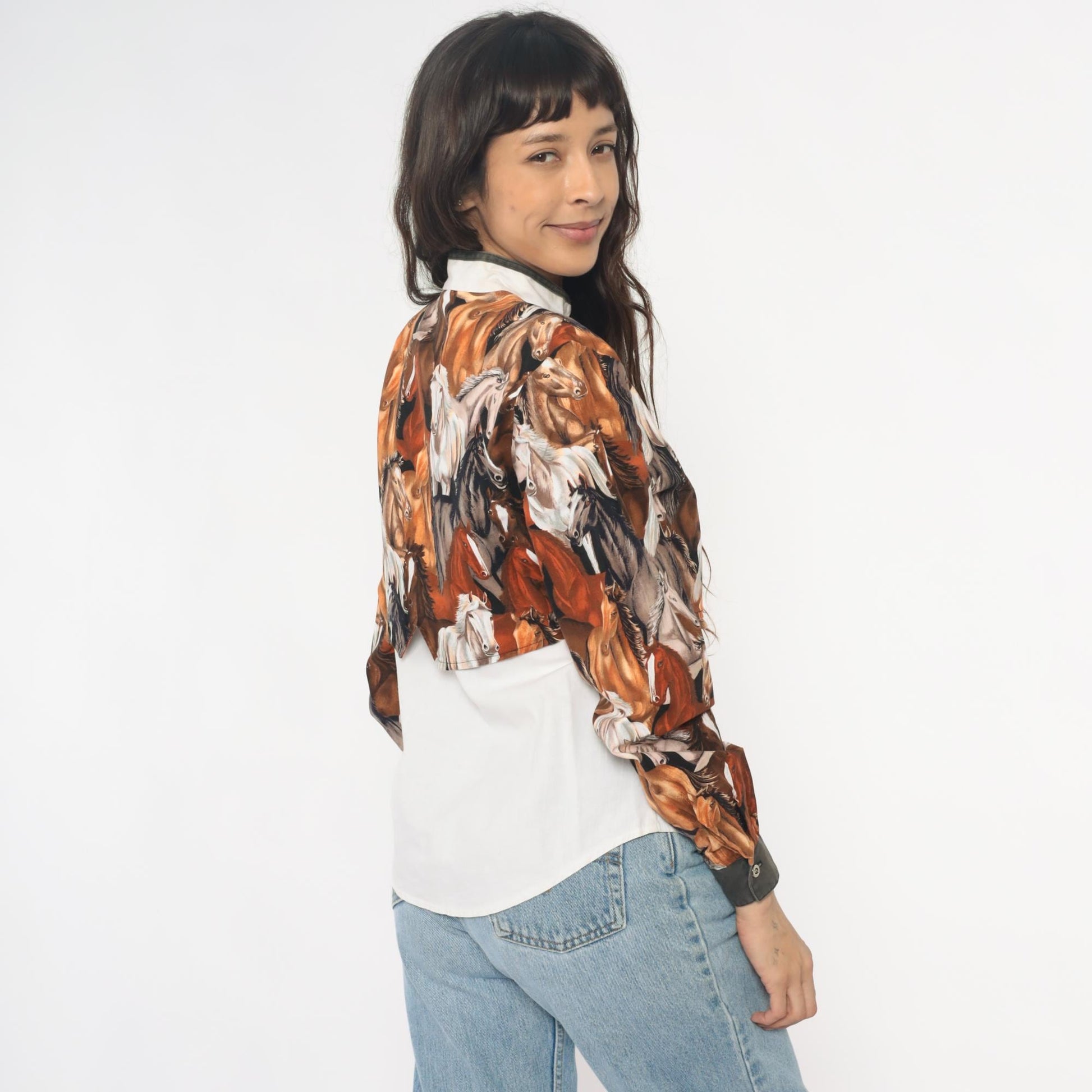 90s Roughrider Western Horse Print Button-Up Blouse White Small