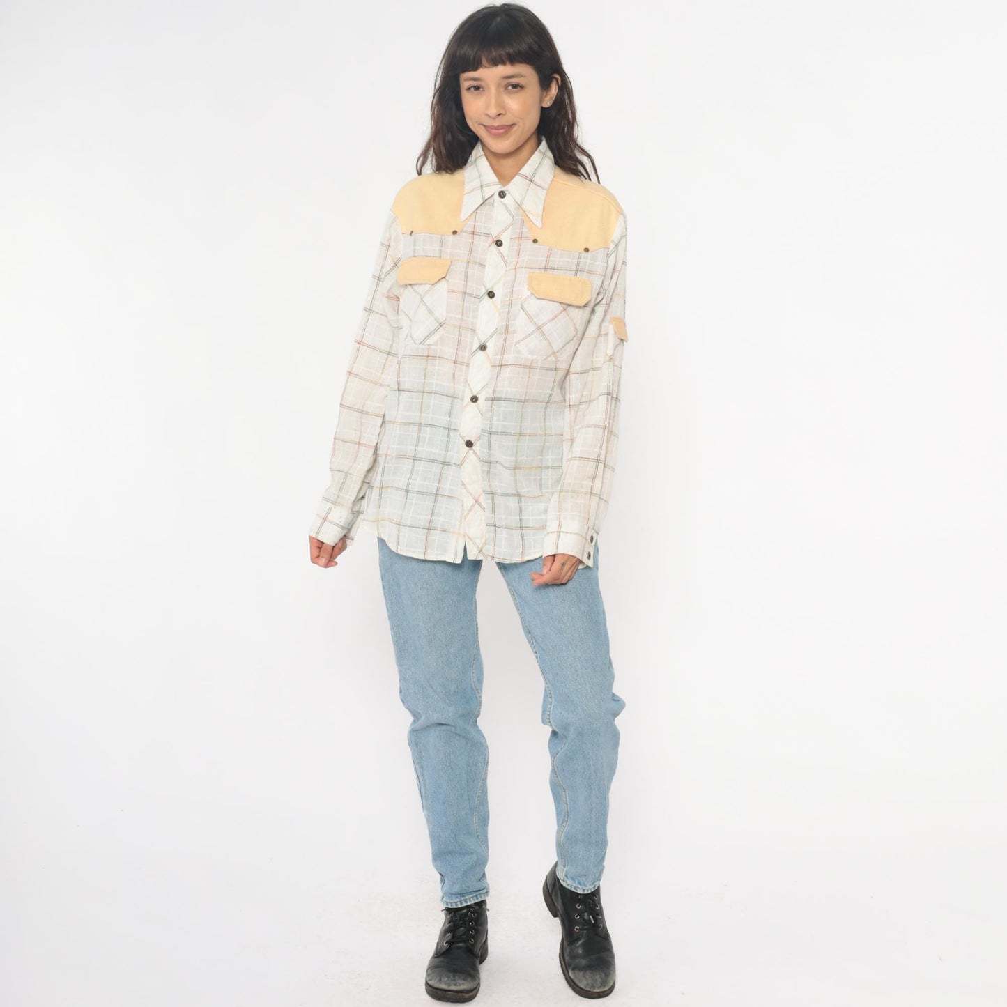 70s Kennington Western Shirt Plaid Cream Peach Yoke Button Front Medium