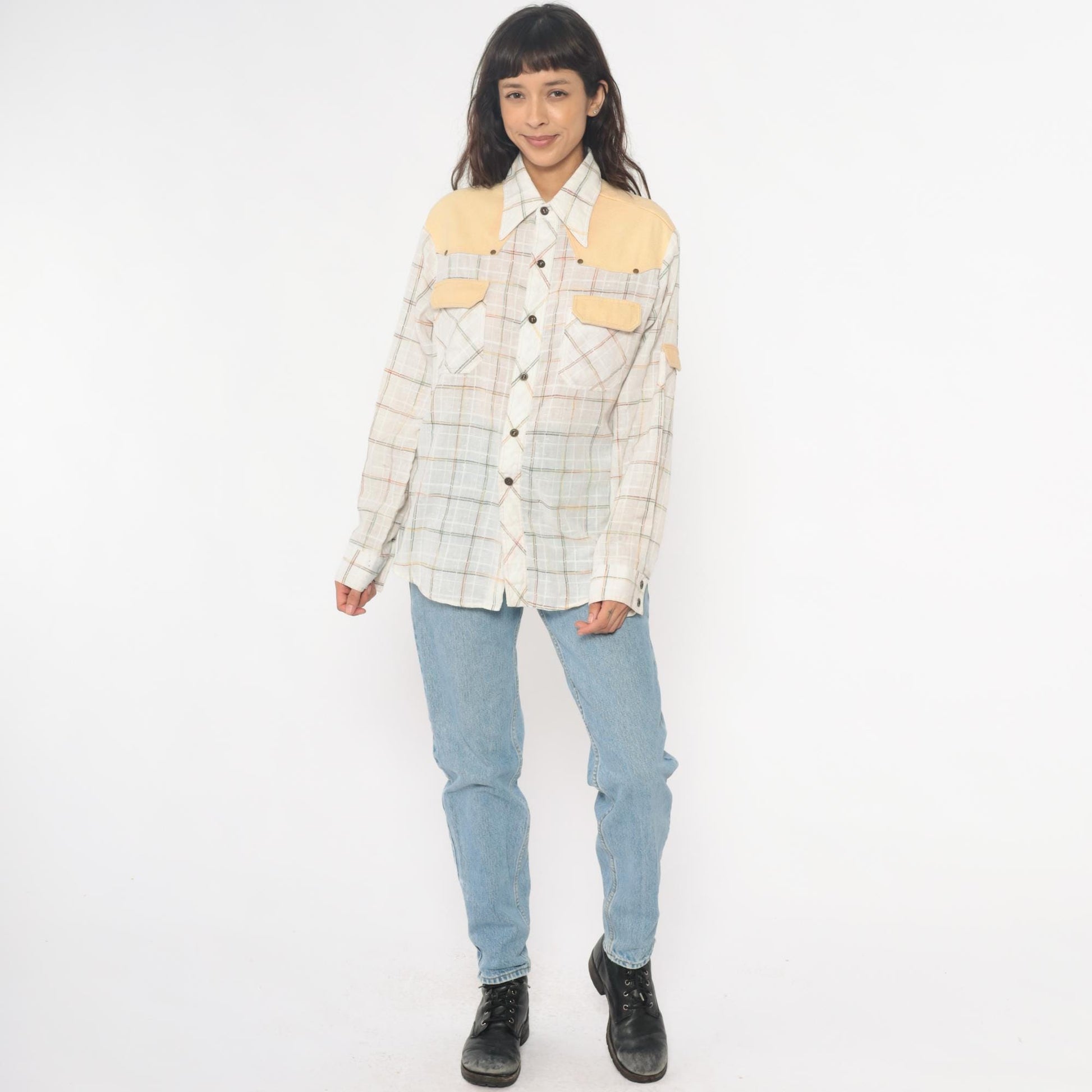 70s Kennington Western Shirt Plaid Cream Peach Yoke Button Front Medium