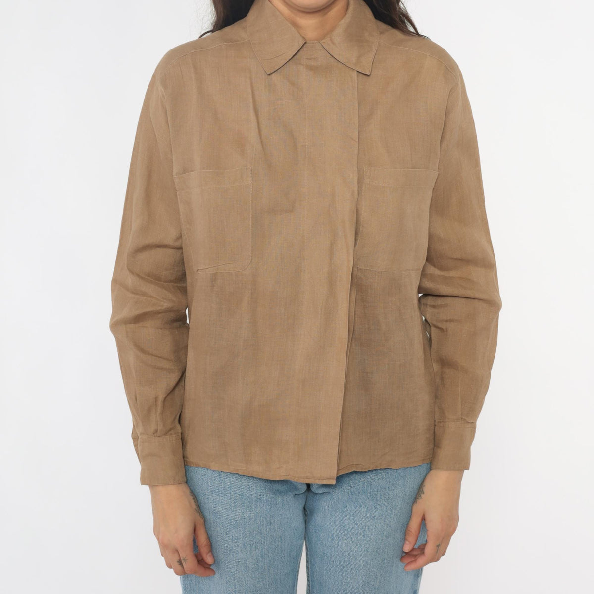 Calvin Klein 80s Tan Button-Up Shirt Pointed Collar Chest Pockets Small