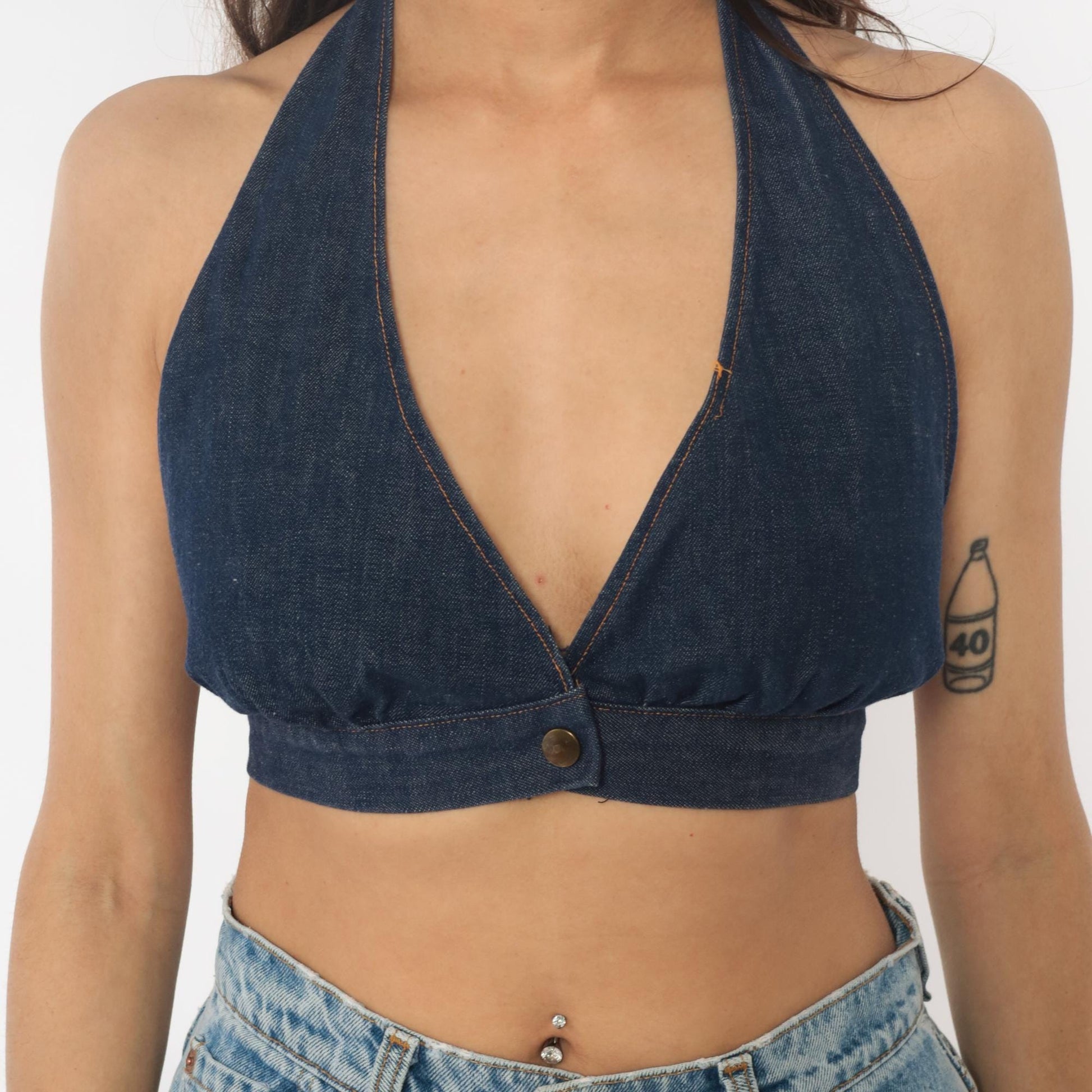 90s Dark Denim Halter Crop Top Tie Neck Open Back Small Medium