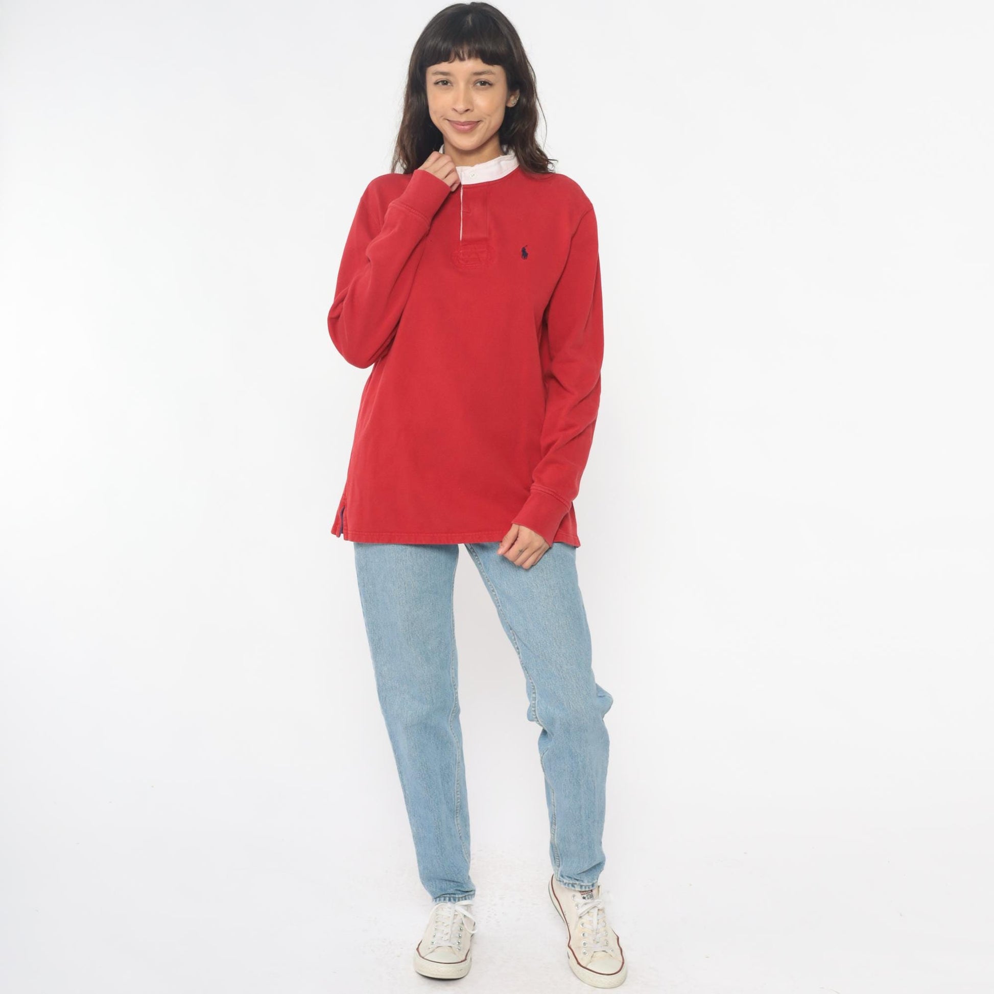 90s Polo Ralph Lauren Red Rugby Shirt White Collar Cotton Medium M