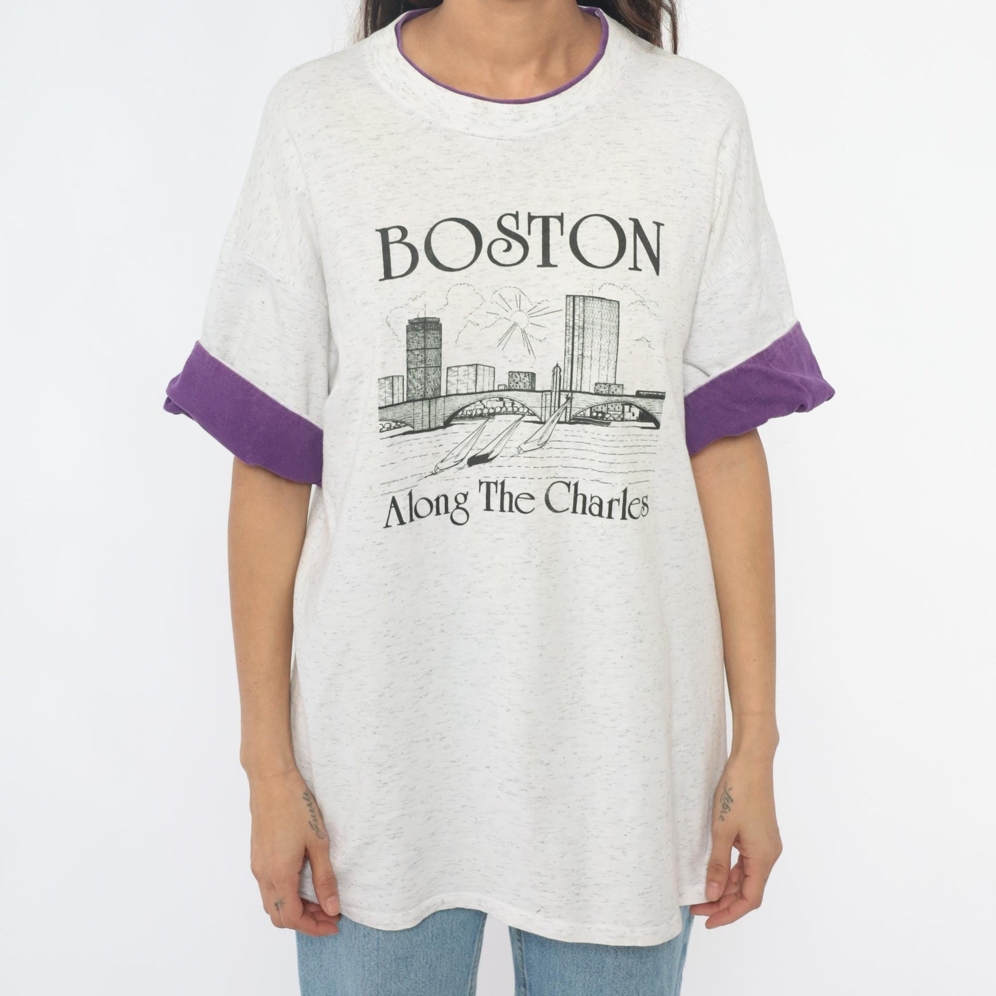 90s Boston Along The Charles River Graphic Tee Purple Ringer Sleeves Large