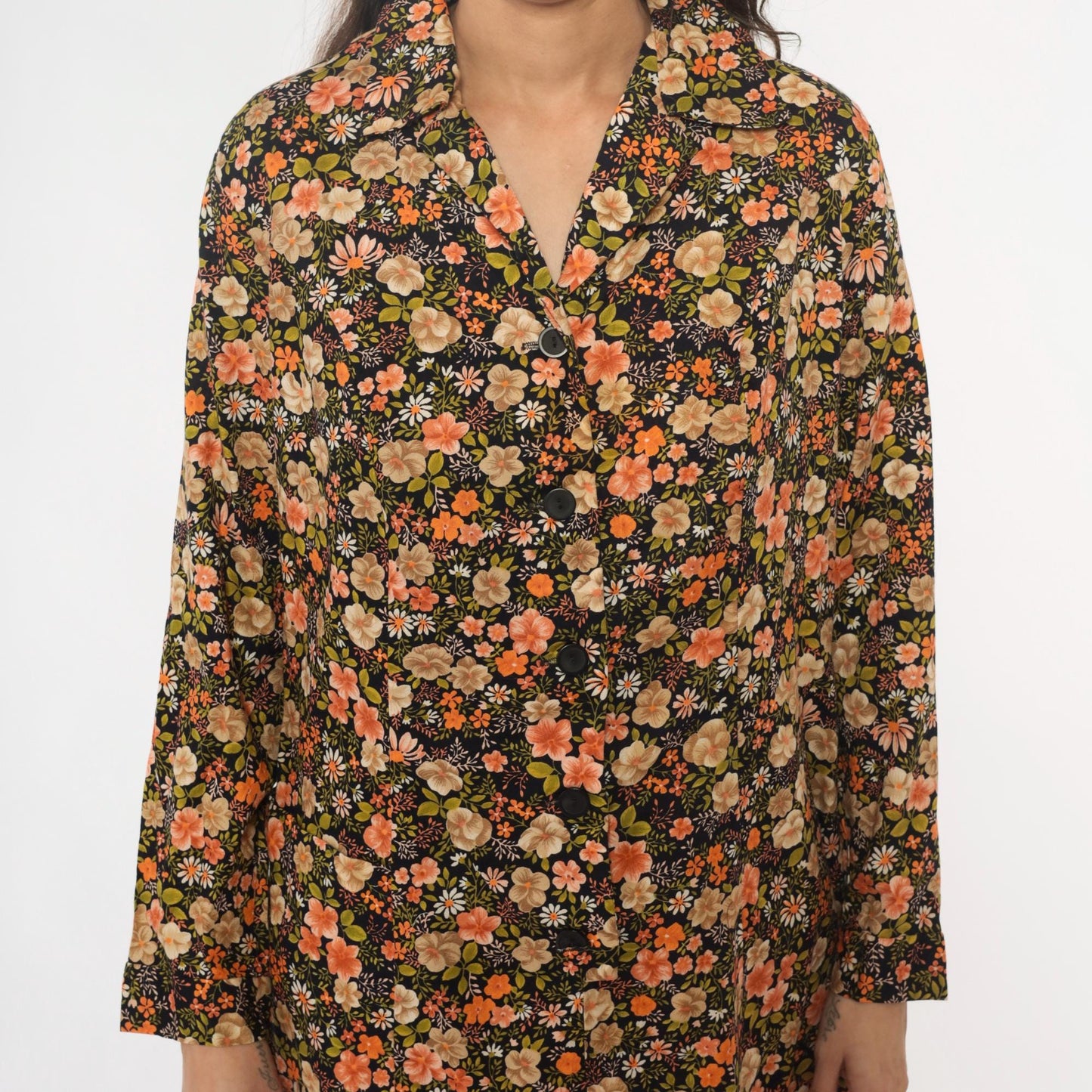 80s Laurel C Floral Shirt Dress Cotton Collared Mini Dark Botanical Large L