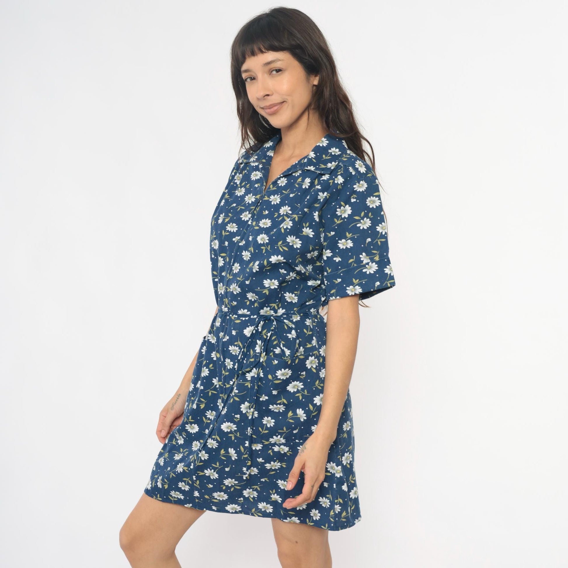 90s Carole Navy Floral Daisy Dress Collared Button Front Cotton Medium M