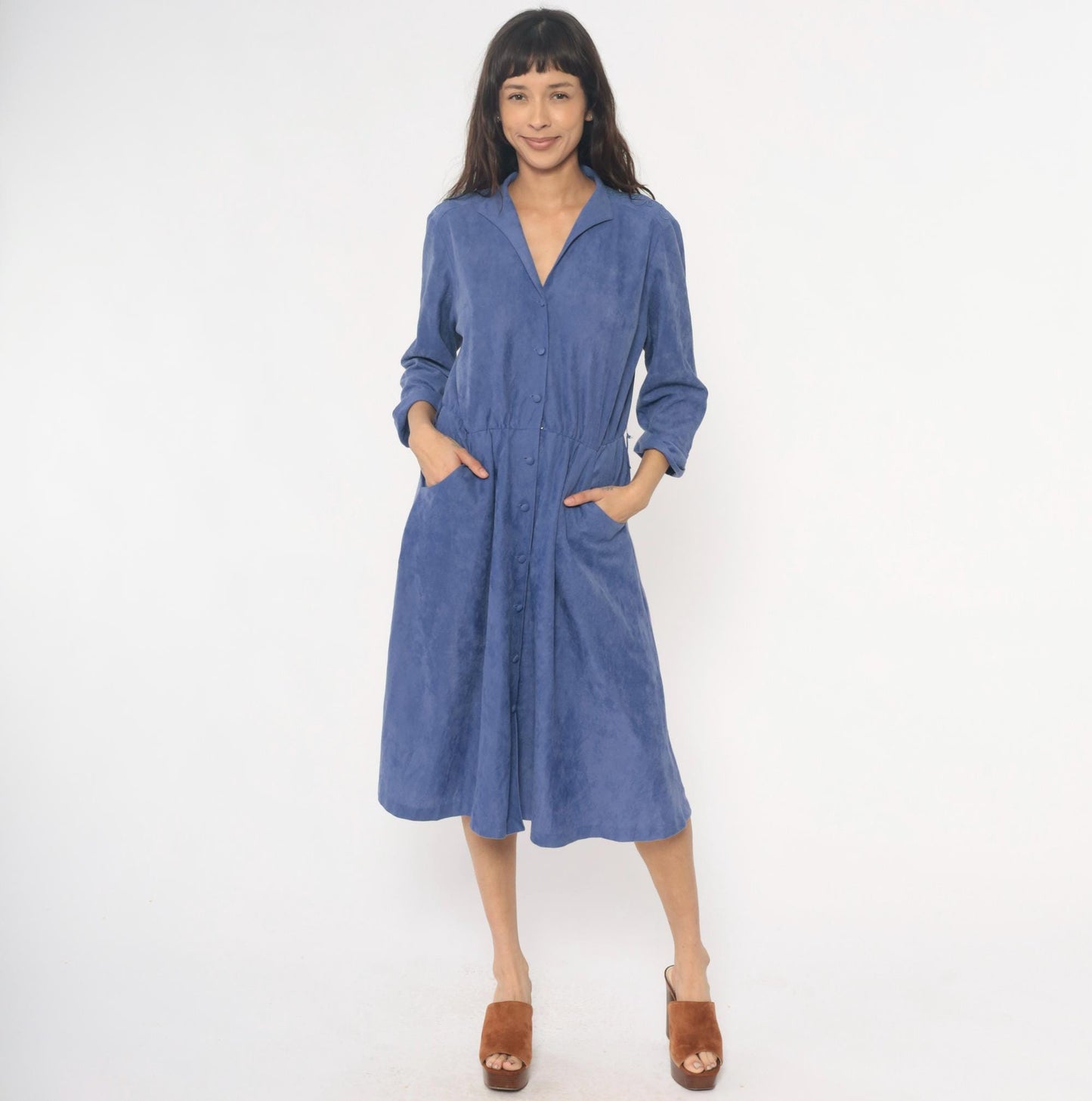 80s Petites by Willi Periwinkle Midi Dress Embroidered Collar Medium