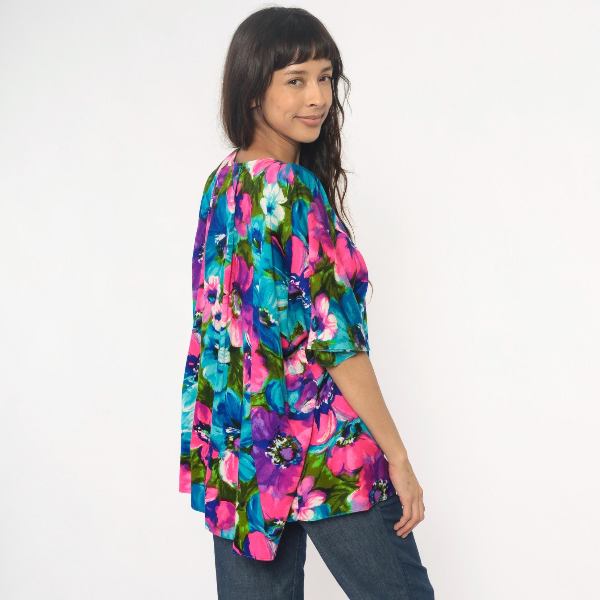 70s Haleaka Fashions Floral Button-Up Tunic Pink Purple Blue Cotton