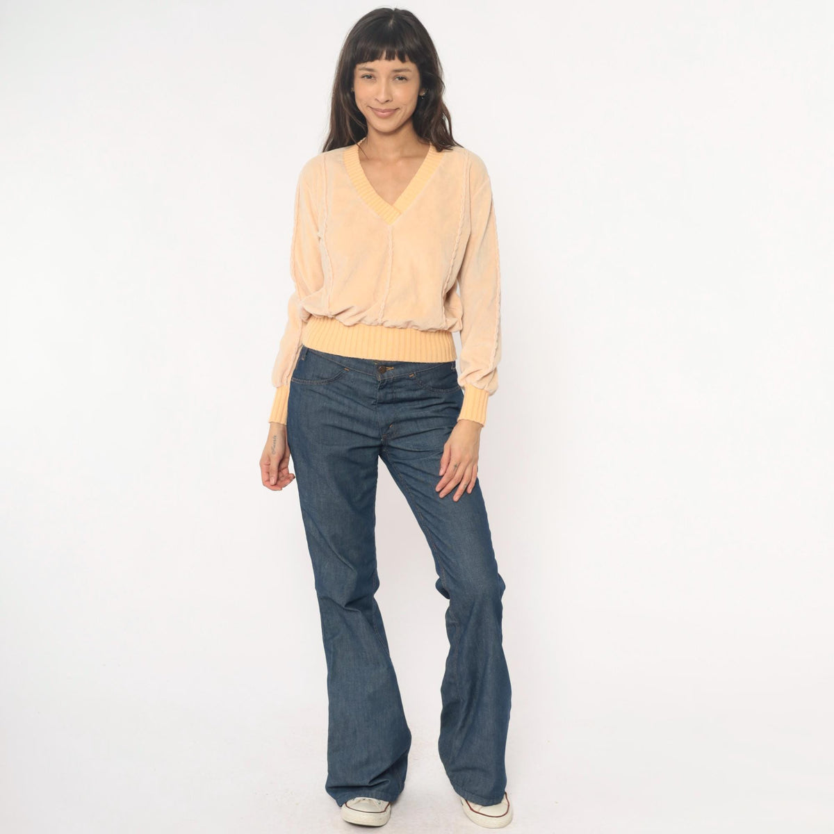 80s Comosport Velour Pullover Cream V-Neck Ribbed Knit Small