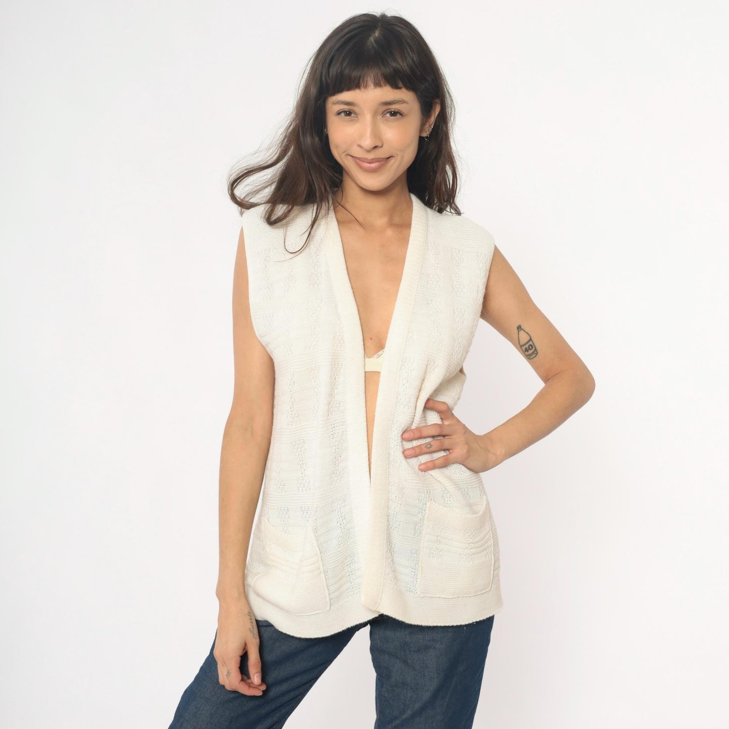 70s Cream Knit Vest Open Front Sleeveless Tank Top Small Medium
