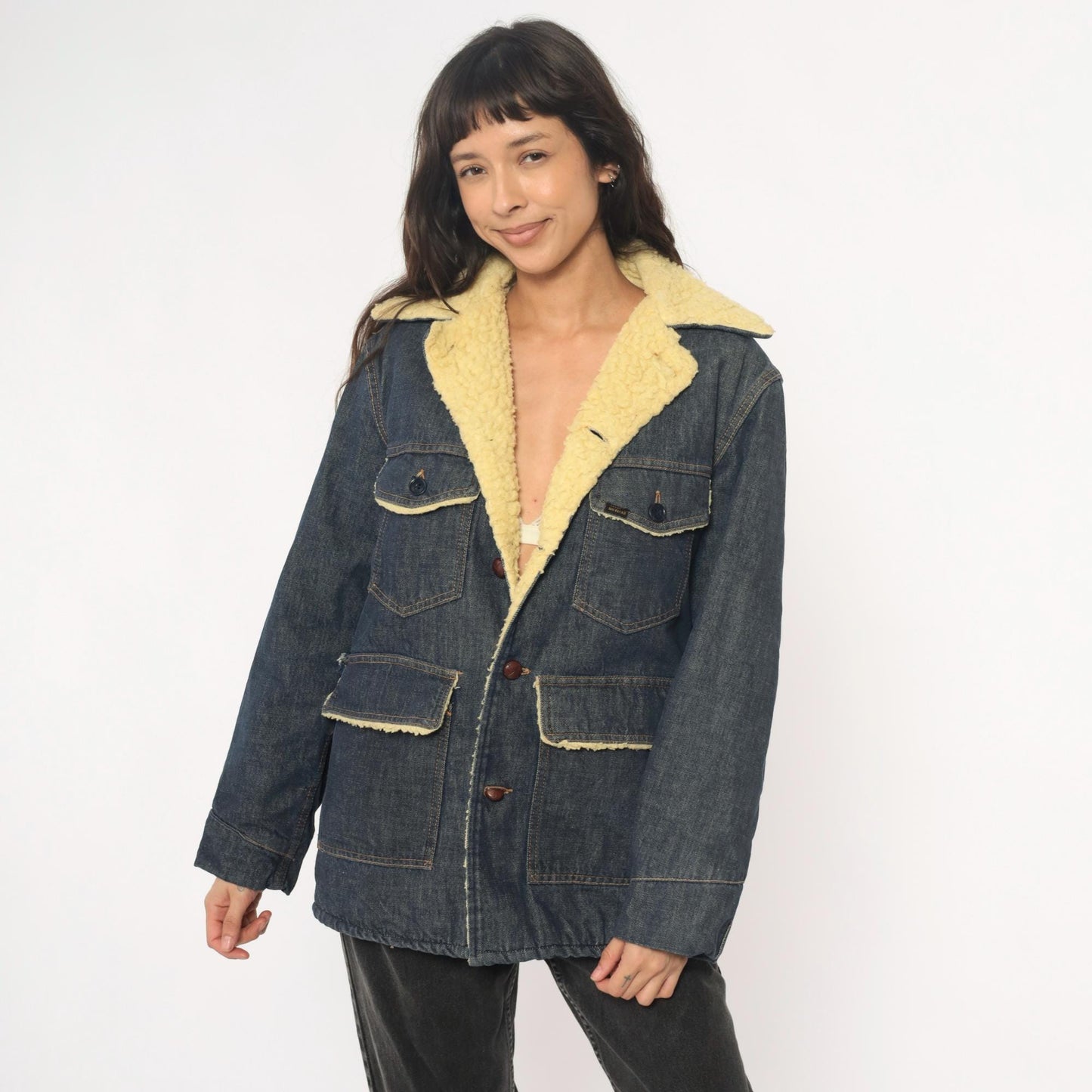 70s Roebucks Denim Jacket Sherpa Lined Dark Indigo Cream Workwear Medium Large