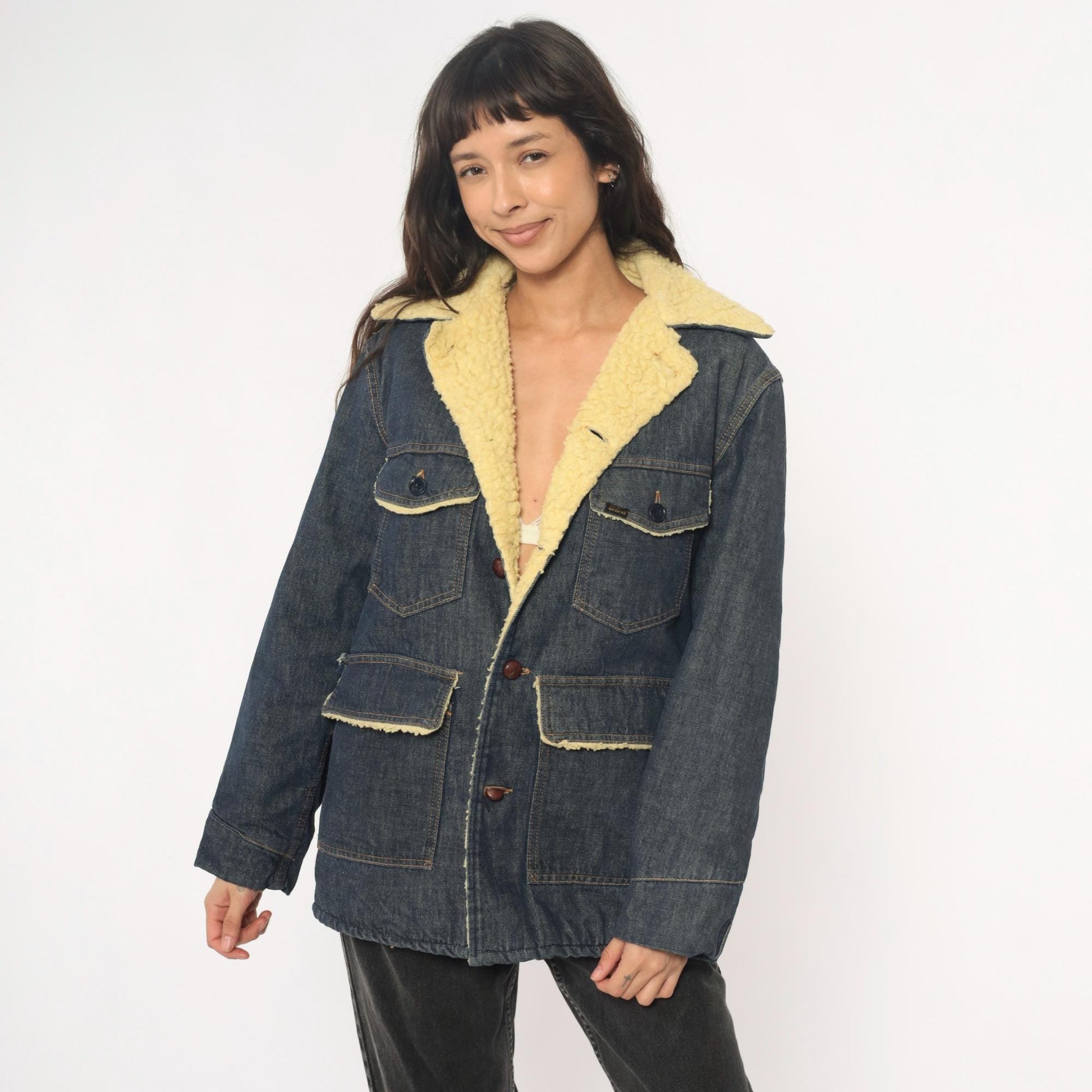 70s Roebucks Denim Jacket Sherpa Lined Dark Indigo Cream Workwear Medium Large