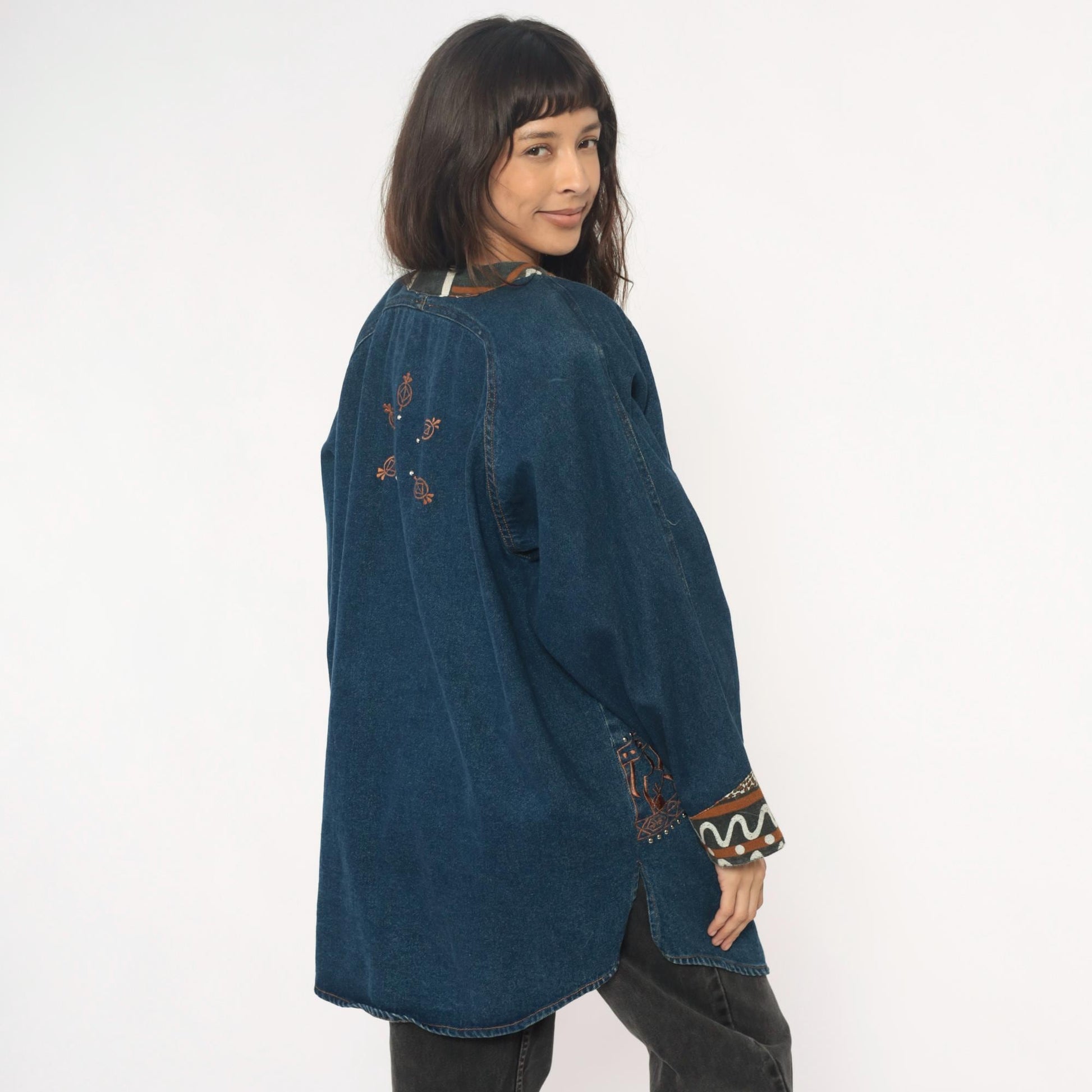 90s Southwestern Denim Jacket Tribal Embroidered Studs Blue Medium