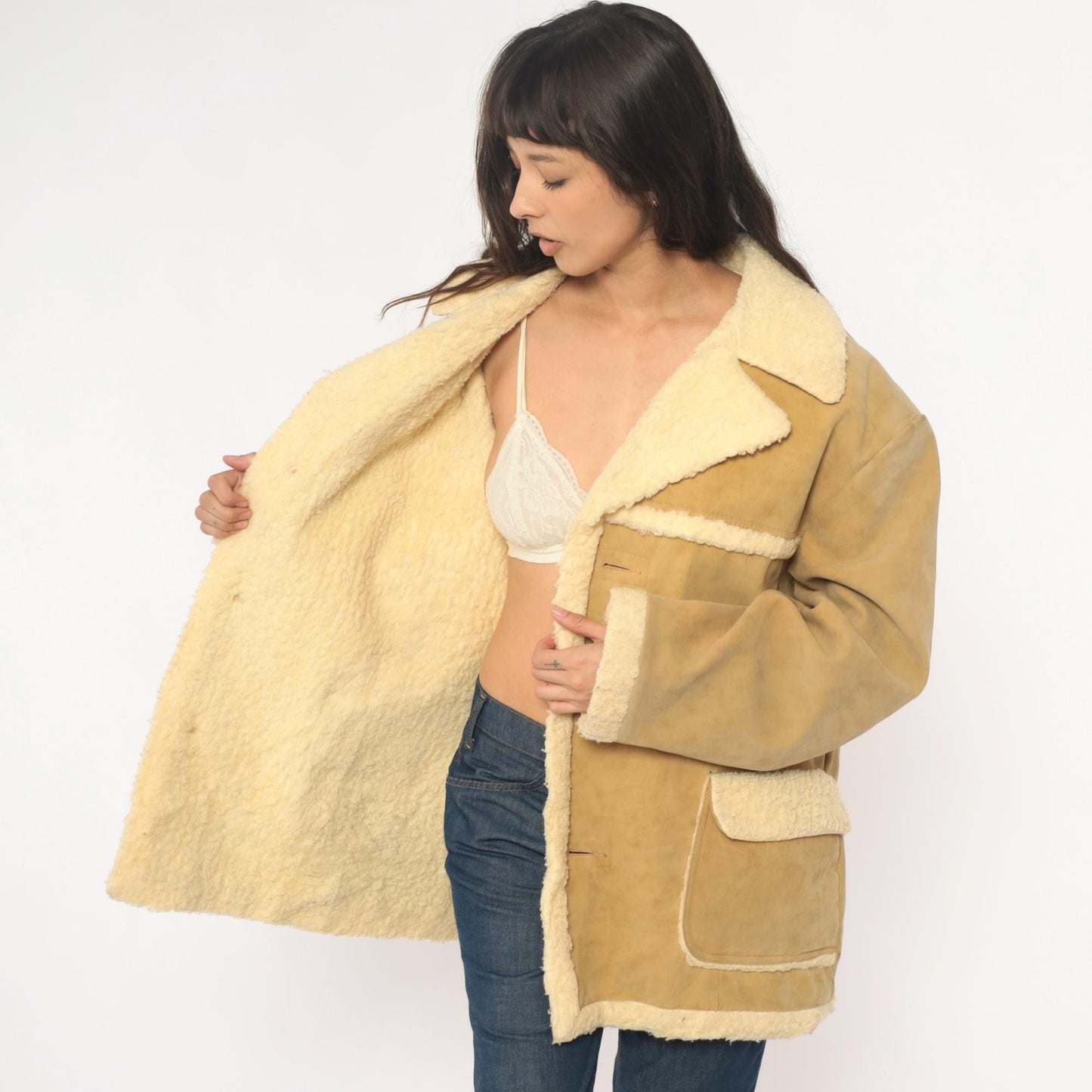 70s Wiman Tan Faux Suede Jacket Sherpa Collar Wide Notch Large