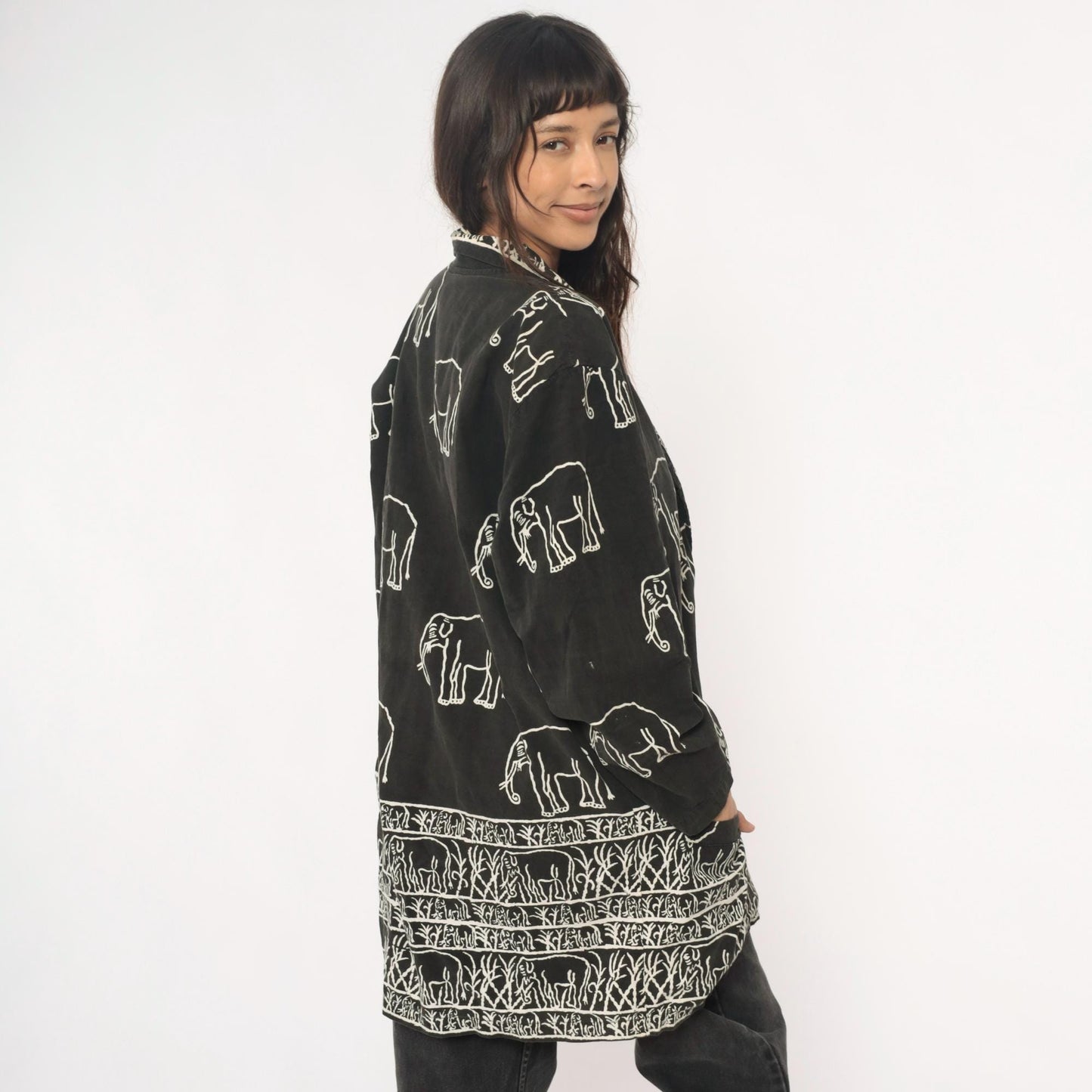 90s Black Cotton Elephant Print Tunic Jacket Collared Medium M
