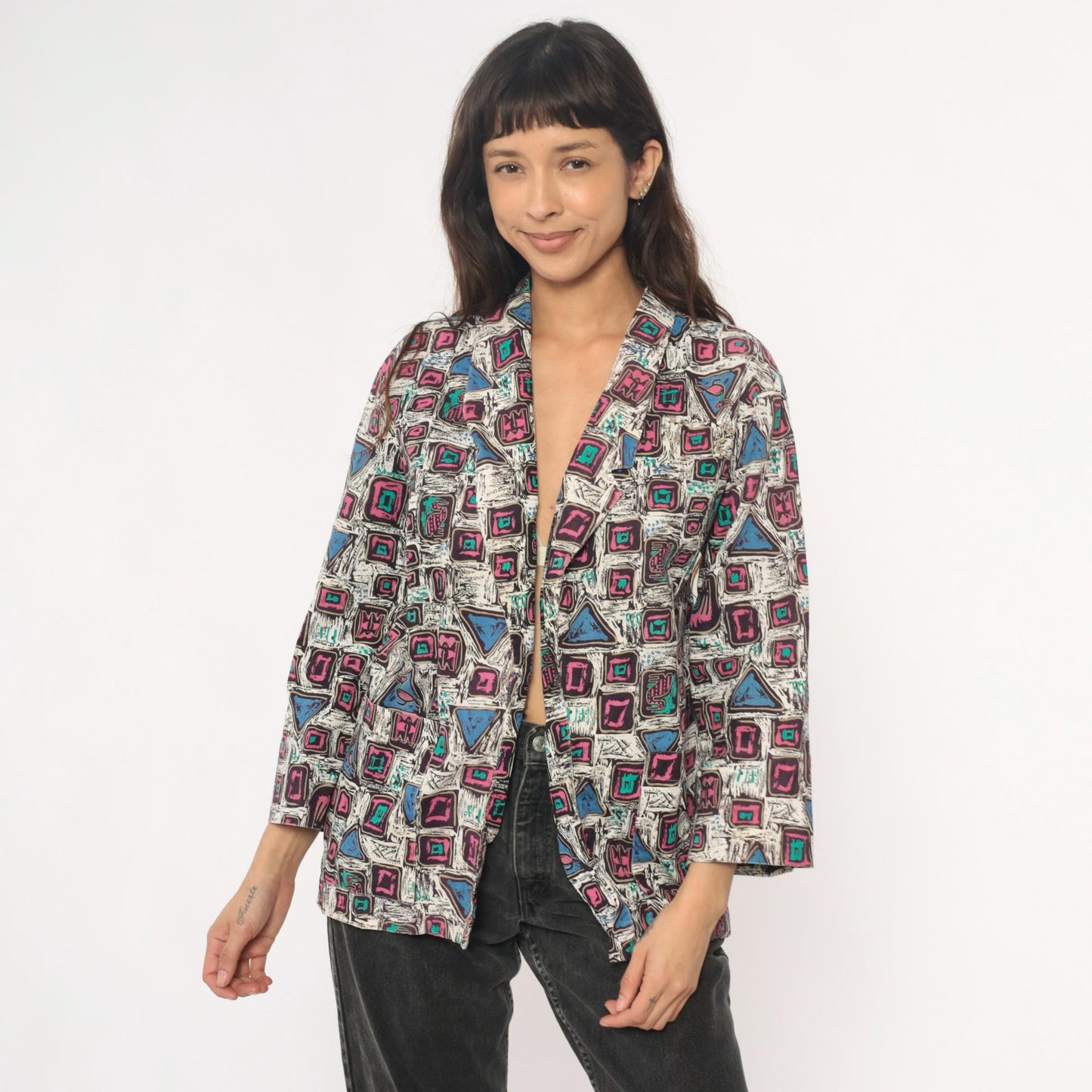 90s Mister Remo Geometric Abstract Blazer Pink Blue Cotton Small S