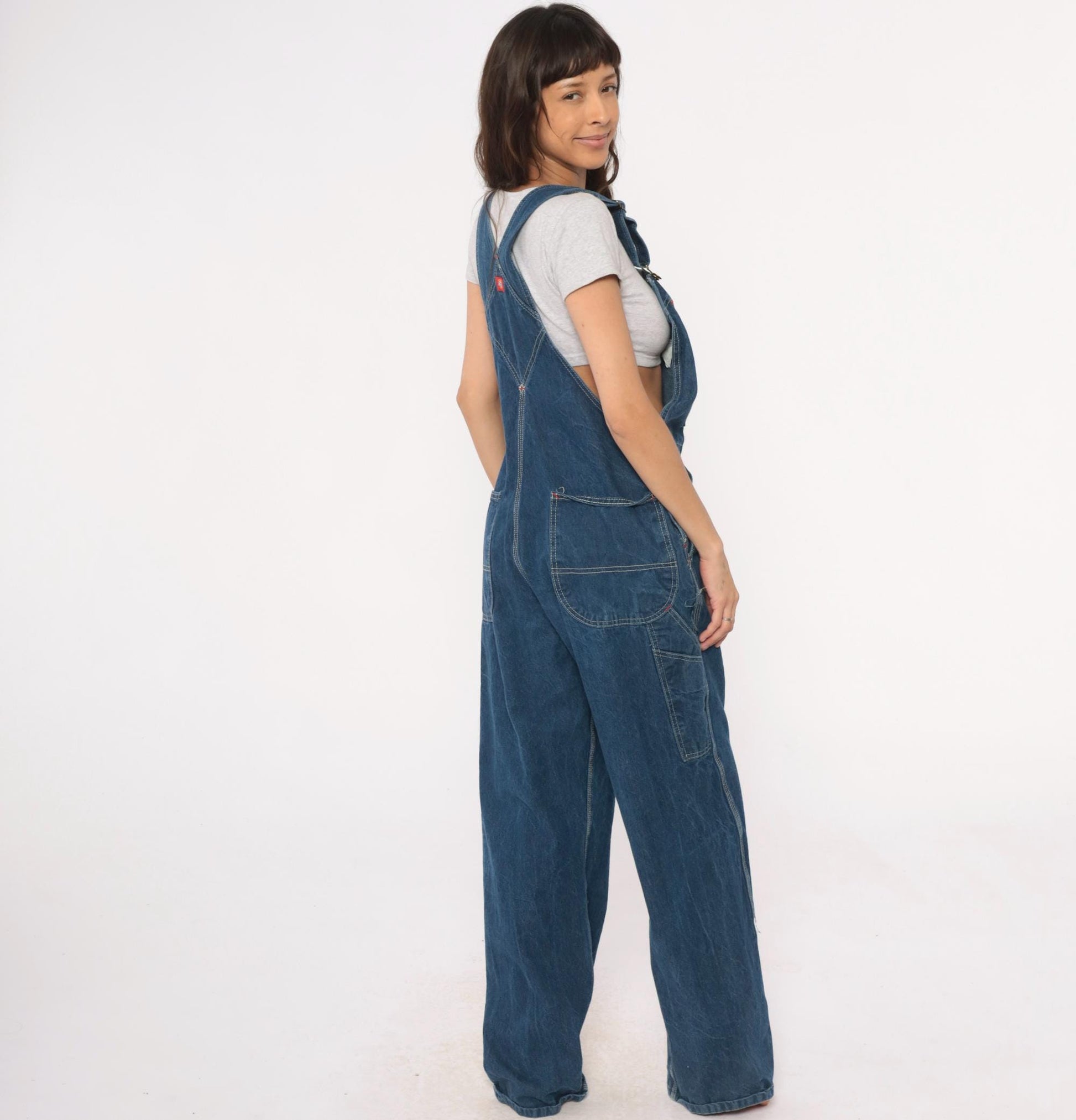 Dickies Y2K Blue Denim Overalls Bib Front Zipper Pocket Large L