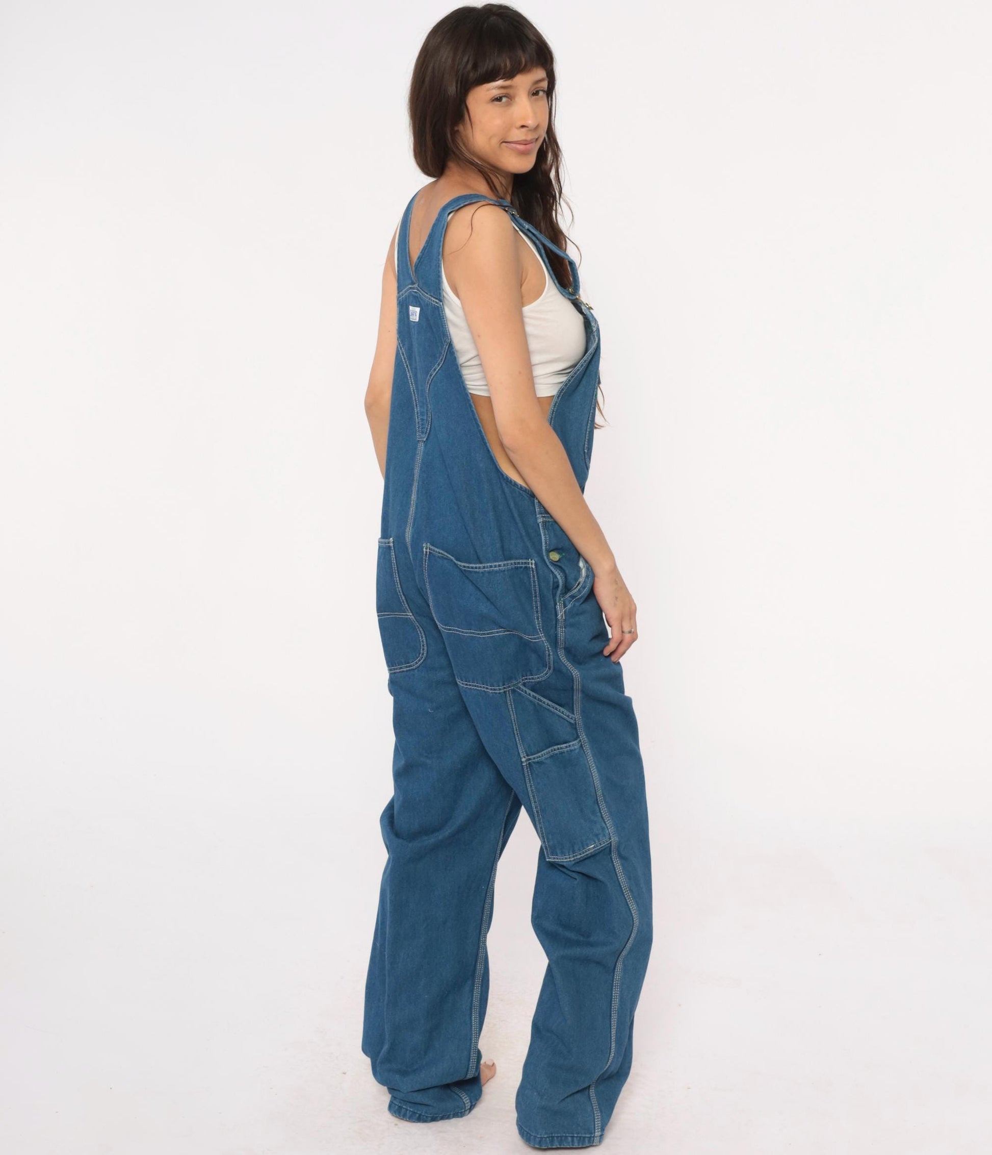 Y2K Liberty Medium Blue Denim Overalls Green Trim Zippered Bib Extra Large