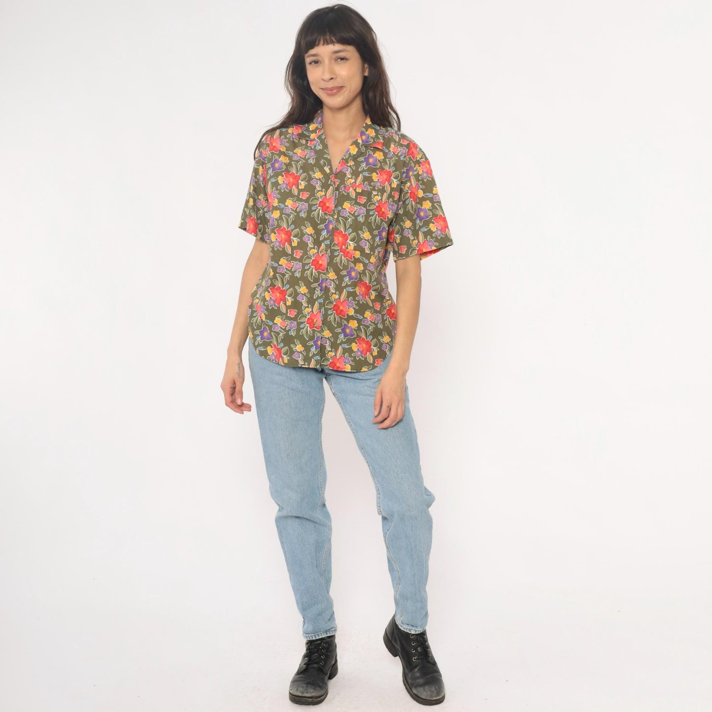 90s Liz Sport Floral Camp Collar Shirt Olive Green Cotton Small S