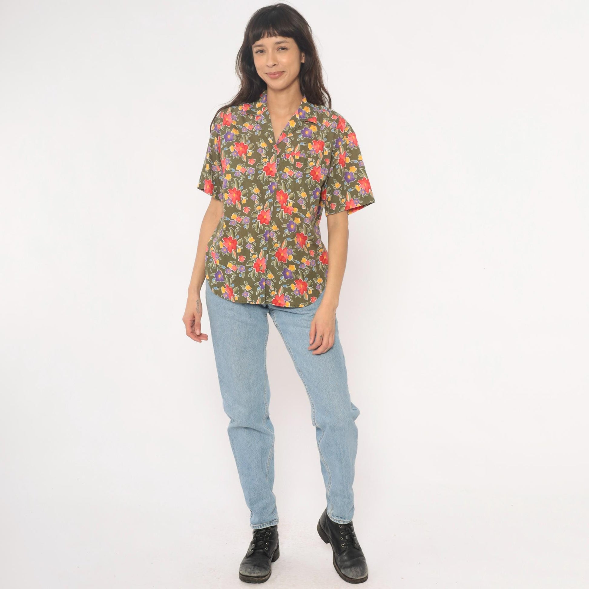 90s Liz Sport Floral Camp Collar Shirt Olive Green Cotton Small S