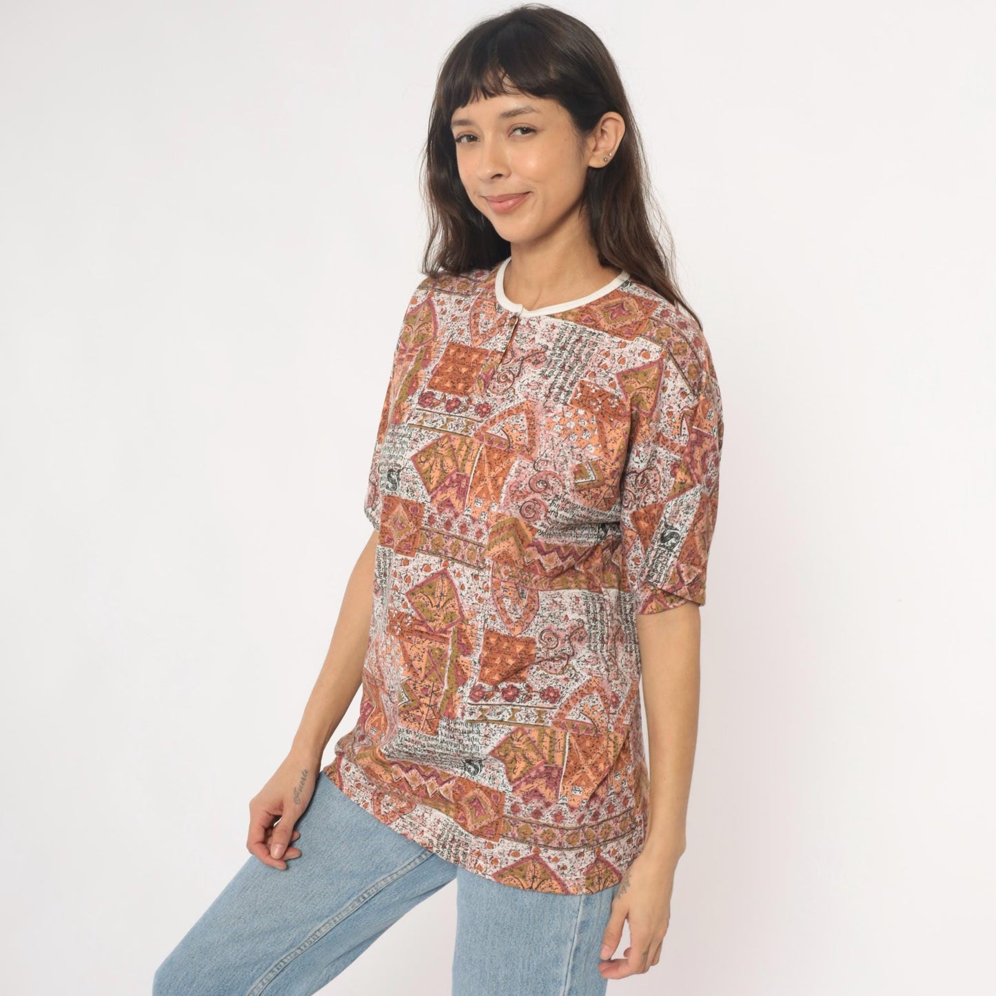 Y2K Patchwork Print Tee Rust Orange Cream Geometric Paisley Unisex Large L