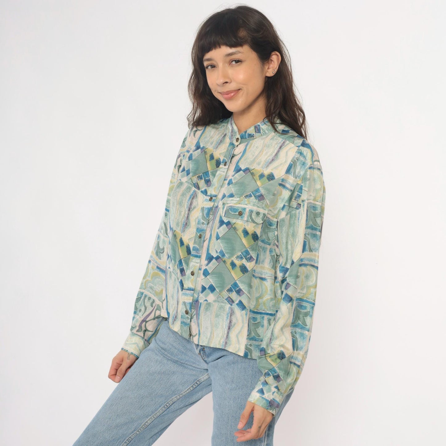90s Silk Blouse Abstract Geometric Print Blue Green Cream Button Front Medium M