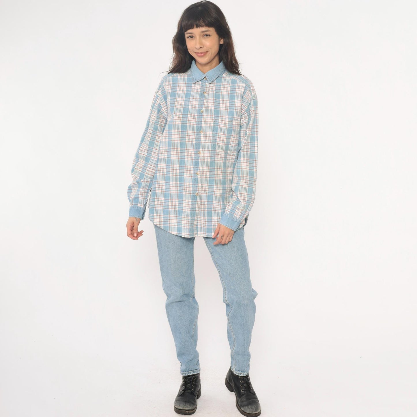 90s Paris Sport Club Plaid Button Down Shirt Denim Collar Cotton Large L