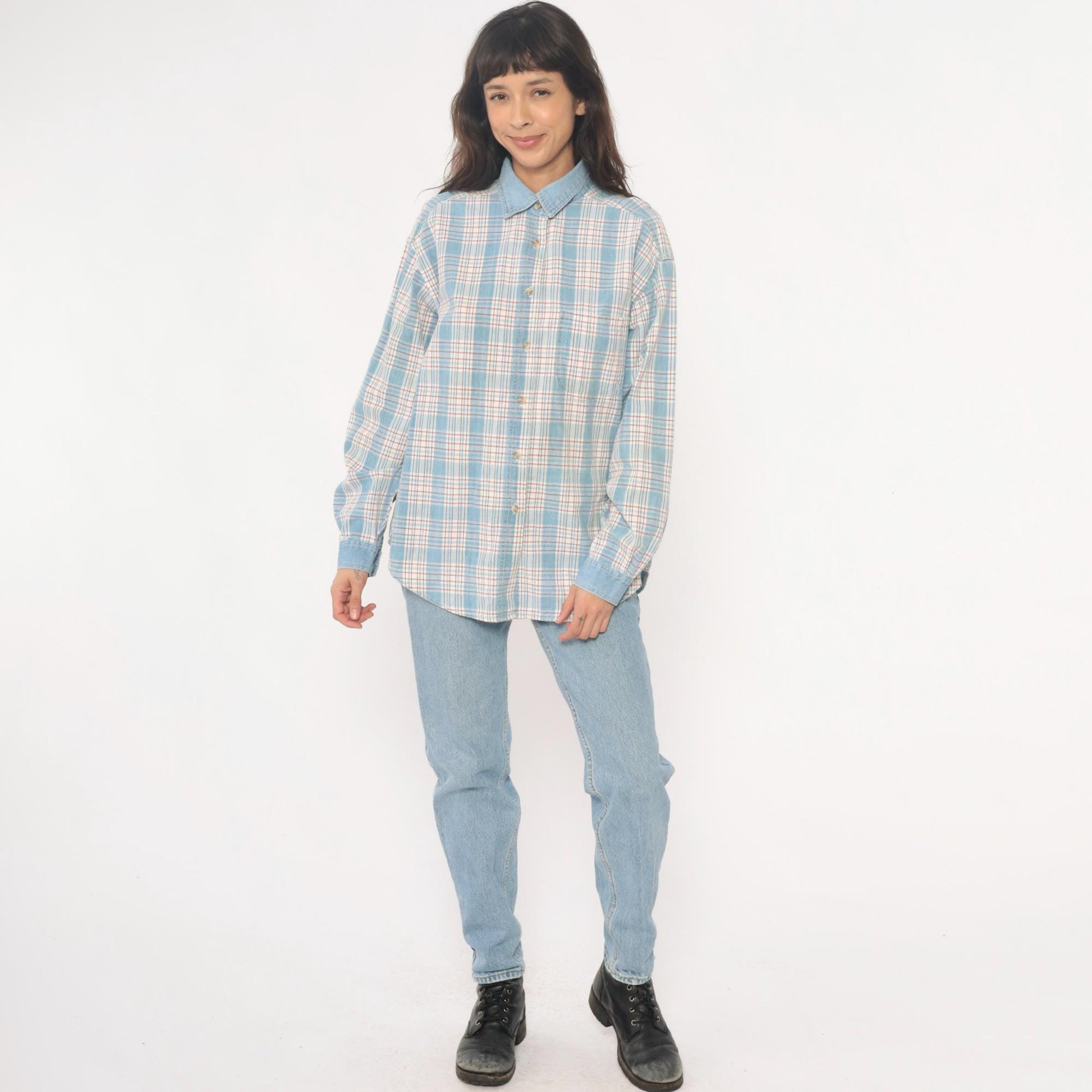 90s Paris Sport Club Plaid Button Down Shirt Denim Collar Cotton Large L