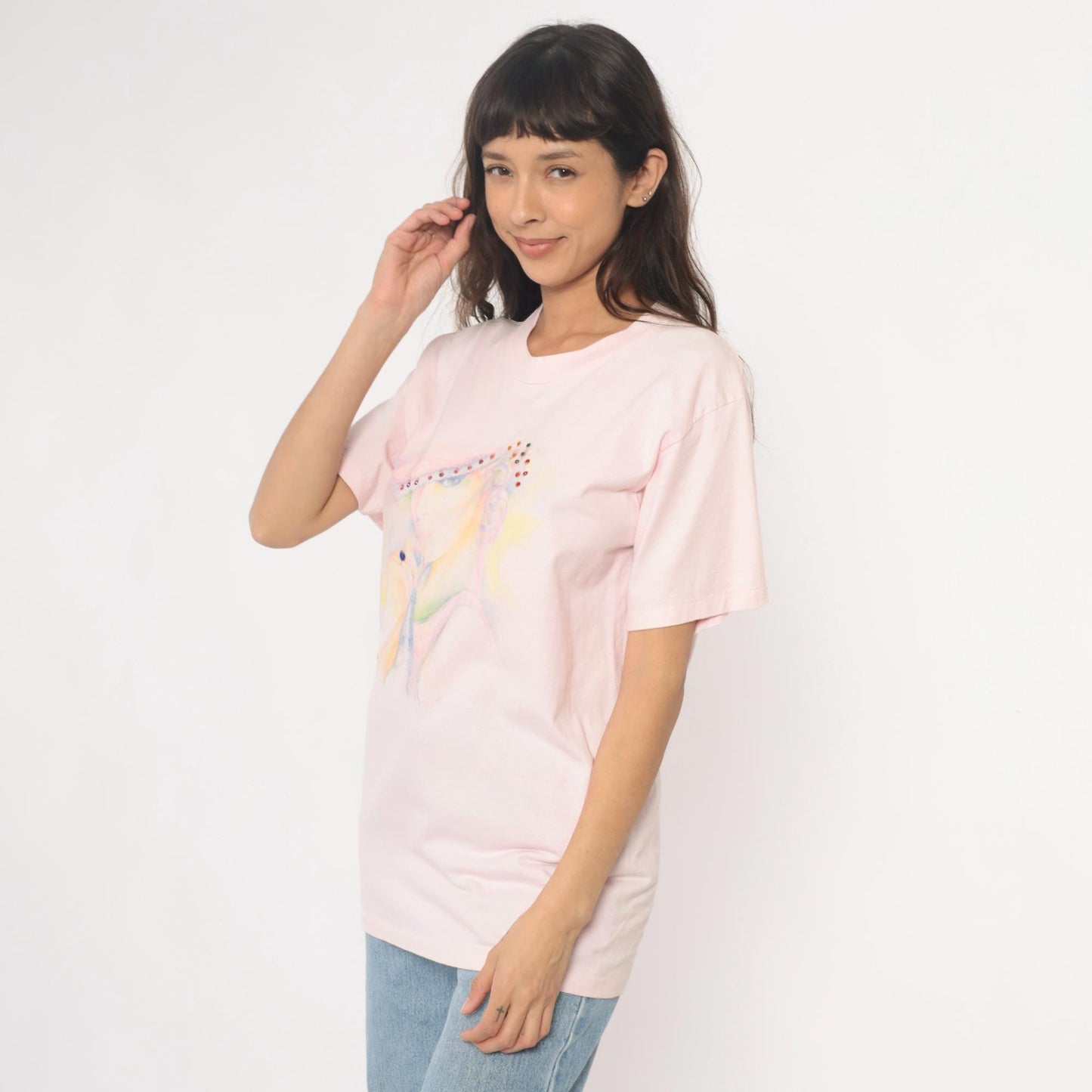 90s Oneita Pink Rhinestone Hat Lady Graphic Tee Large L